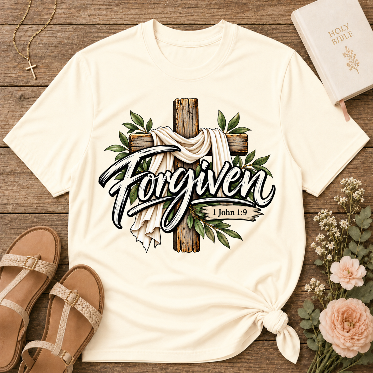 Forgiven Christian T-Shirt | 1 John 1:9 Faith Tee Breaking Bread Designs