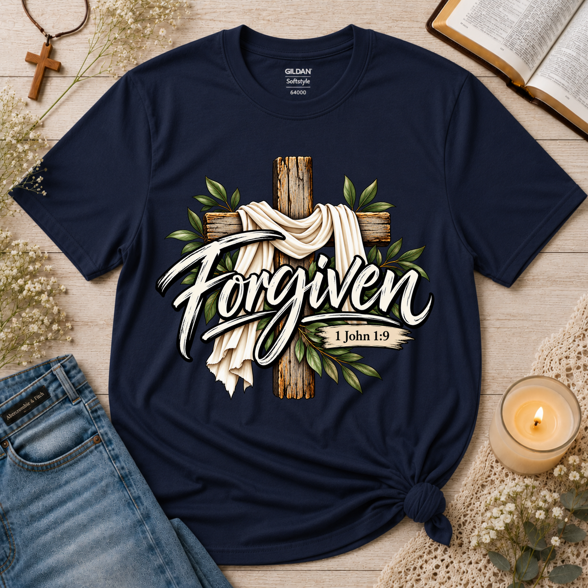 Forgiven Christian T-Shirt | 1 John 1:9 Faith Tee Breaking Bread Designs