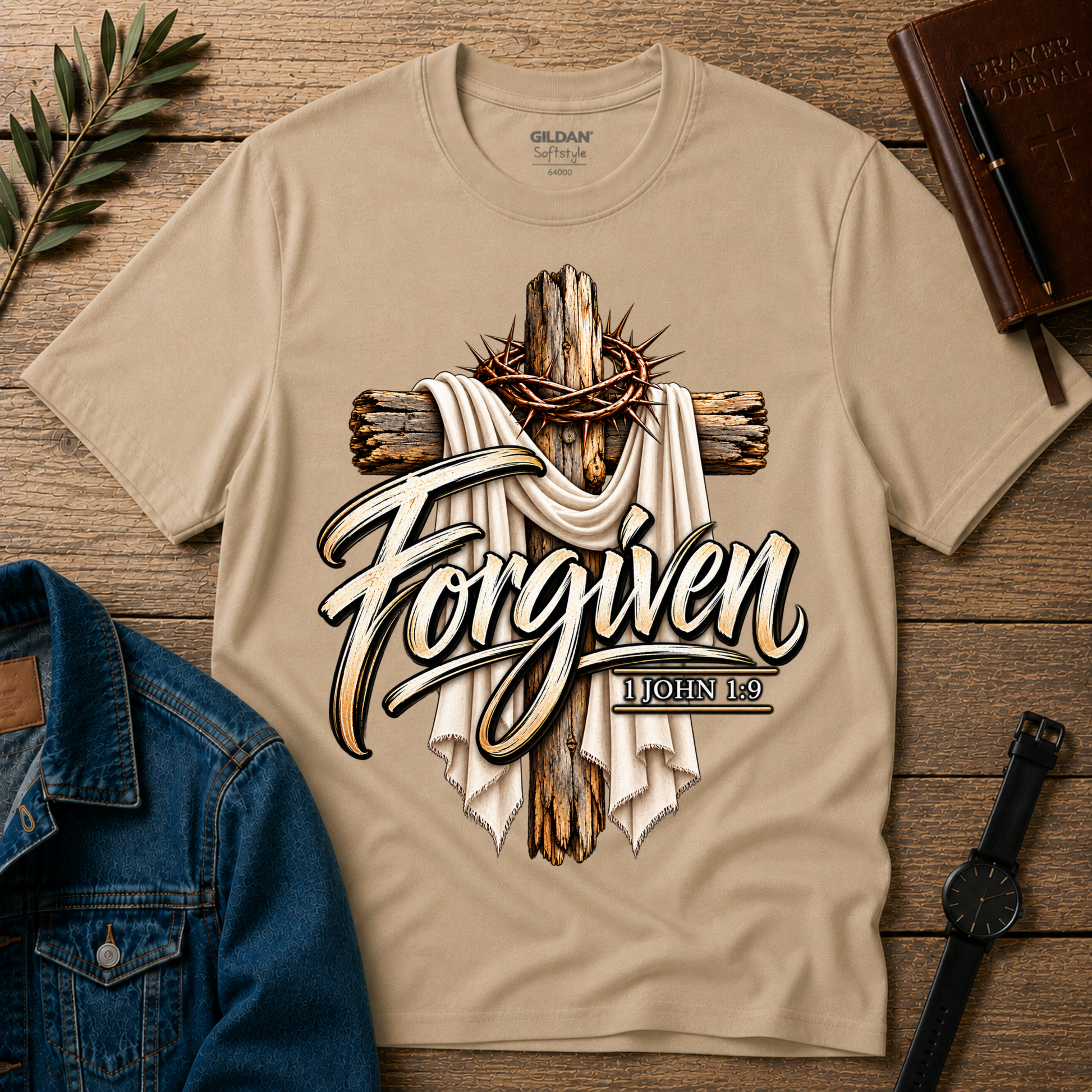 Forgiven Christian T-Shirt | 1 John 1:9 Faith Shirt Breaking Bread Designs