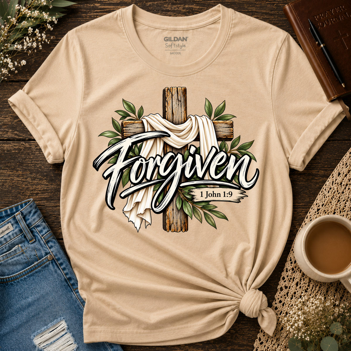 Forgiven Christian T-Shirt | 1 John 1:9 Faith Tee Breaking Bread Designs