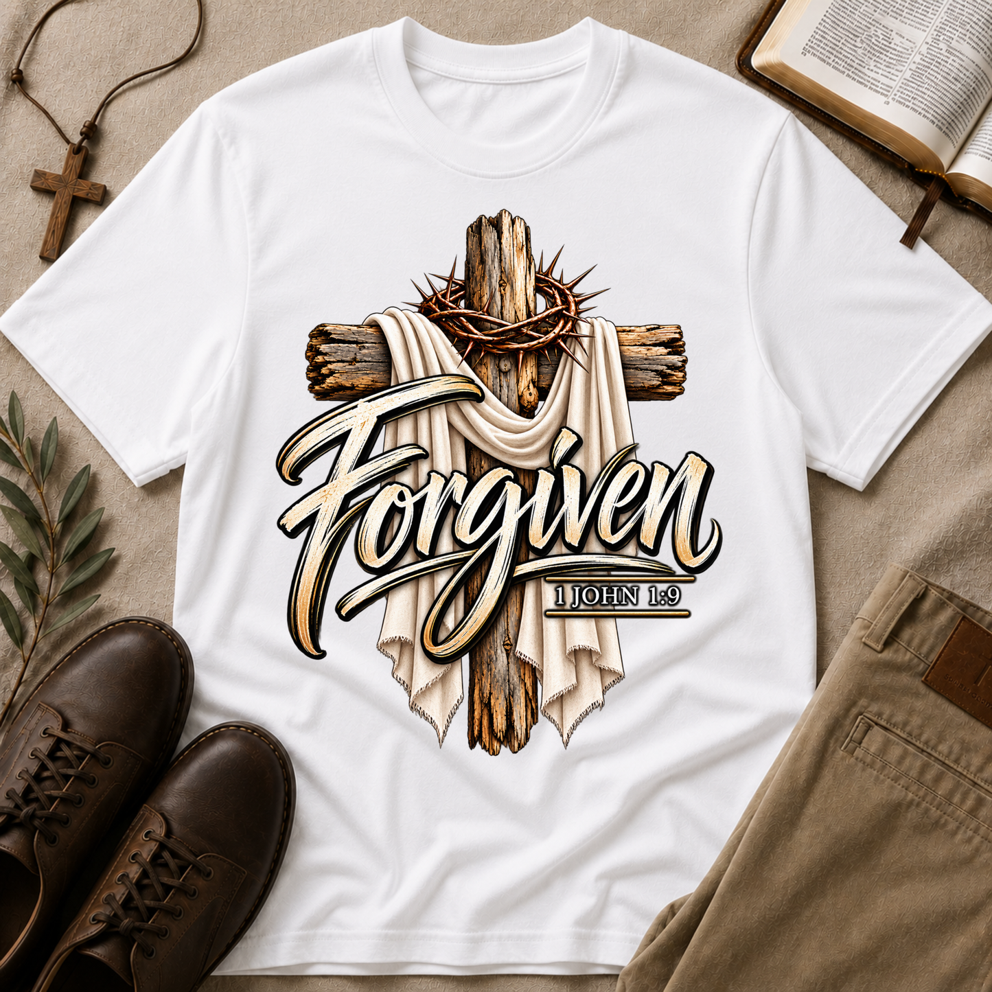 Forgiven Christian T-Shirt | 1 John 1:9 Faith Shirt Breaking Bread Designs