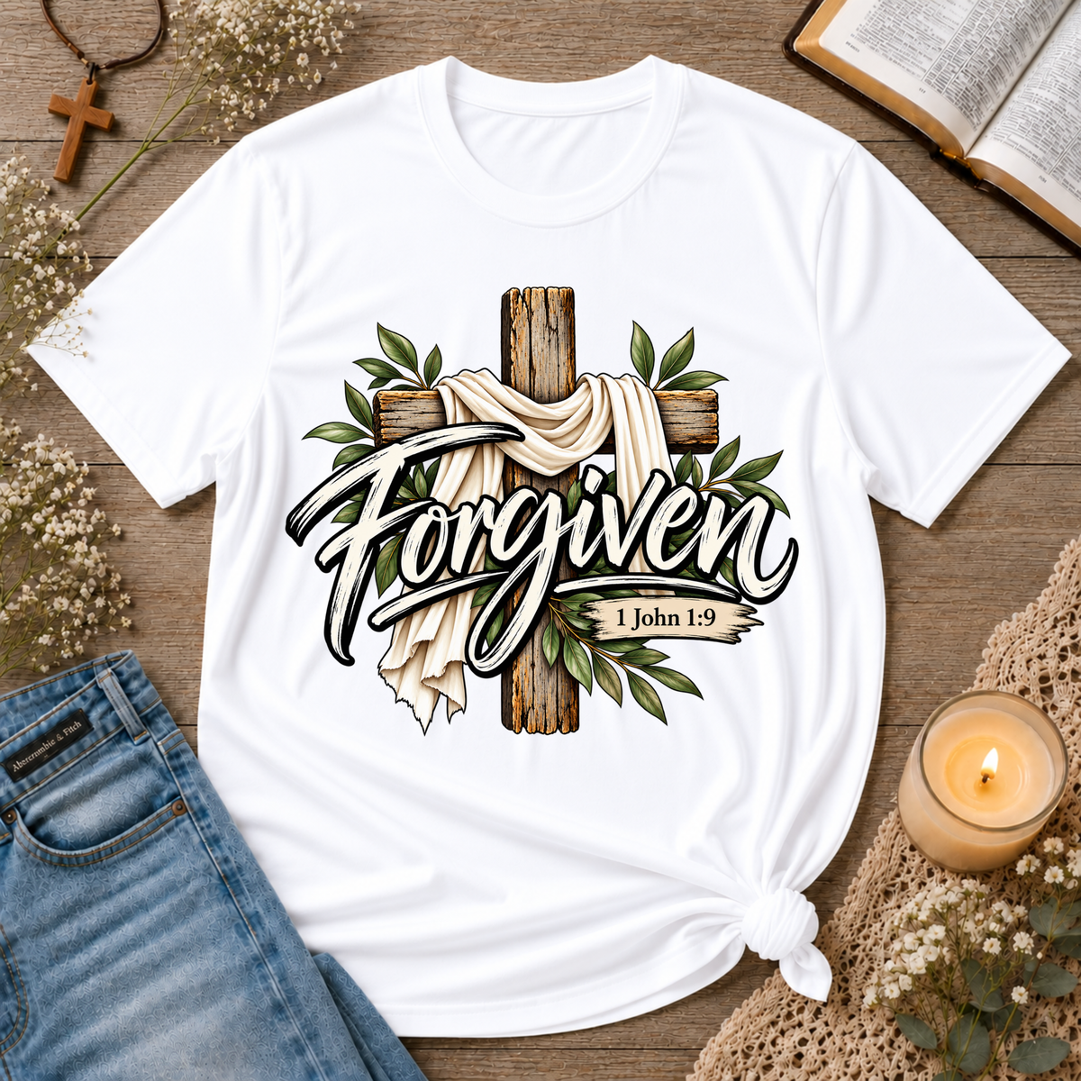 Forgiven Christian T-Shirt | 1 John 1:9 Faith Tee Breaking Bread Designs