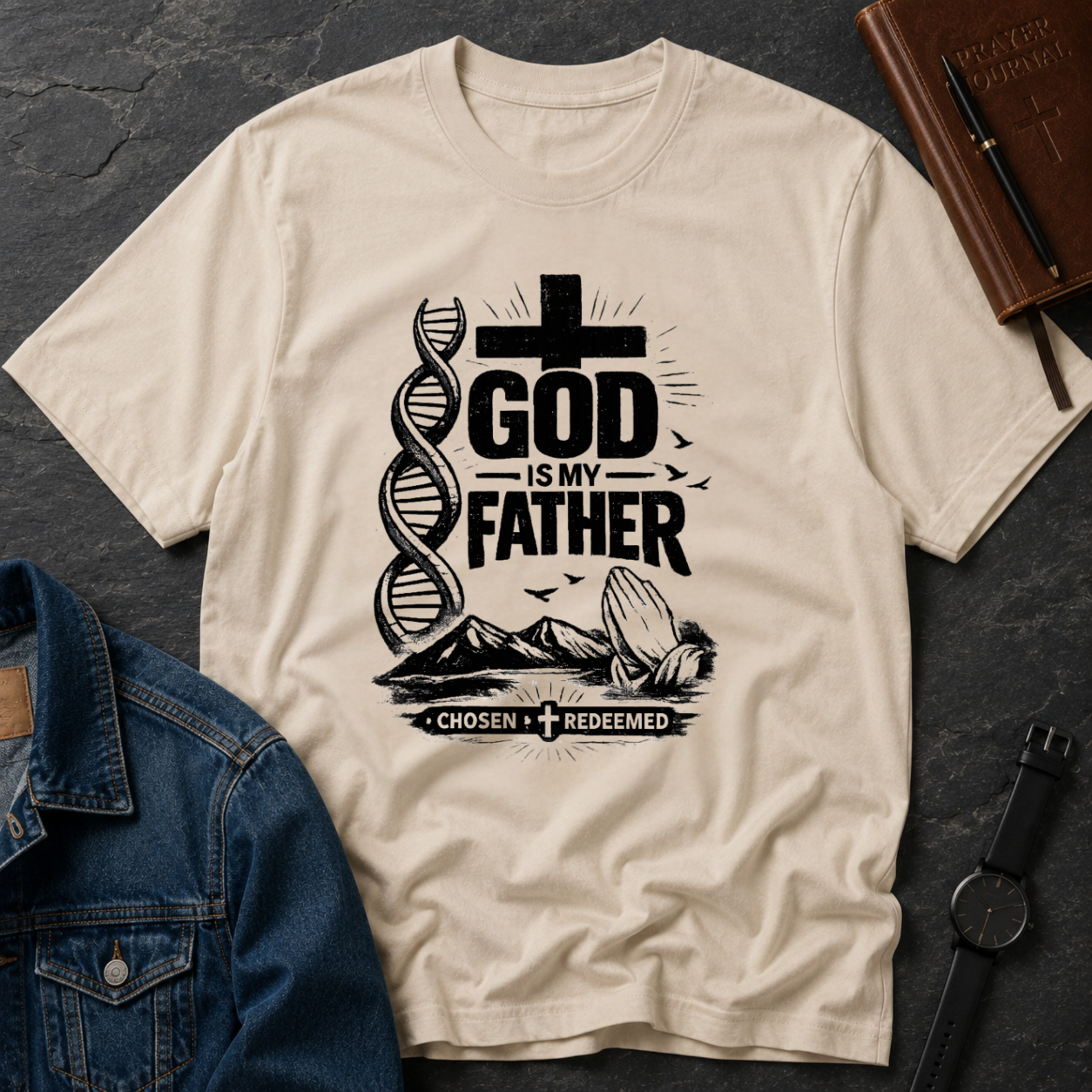 A cream-colored short-sleeve t-shirt with a black graphic print that reads 'GOD IS MY FATHER' with a cross, DNA helix, and a kneeling figure. The shirt is displayed in a flat-lay arrangement on a dark gray slate background, surrounded by a blue denim jacket, a brown leather notebook, and a black watch.