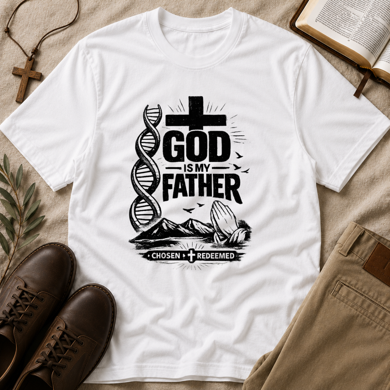 A white short-sleeve graphic T-shirt laid flat on a beige fabric surface with styled props including brown shoes, a book, a cross necklace, and khaki pants. The shirt has a large black graphic reading 'GOD IS MY FATHER' with a cross, DNA double helix, birds, mountains, and a banner that says 'CHOSEN + REDEEMED'.