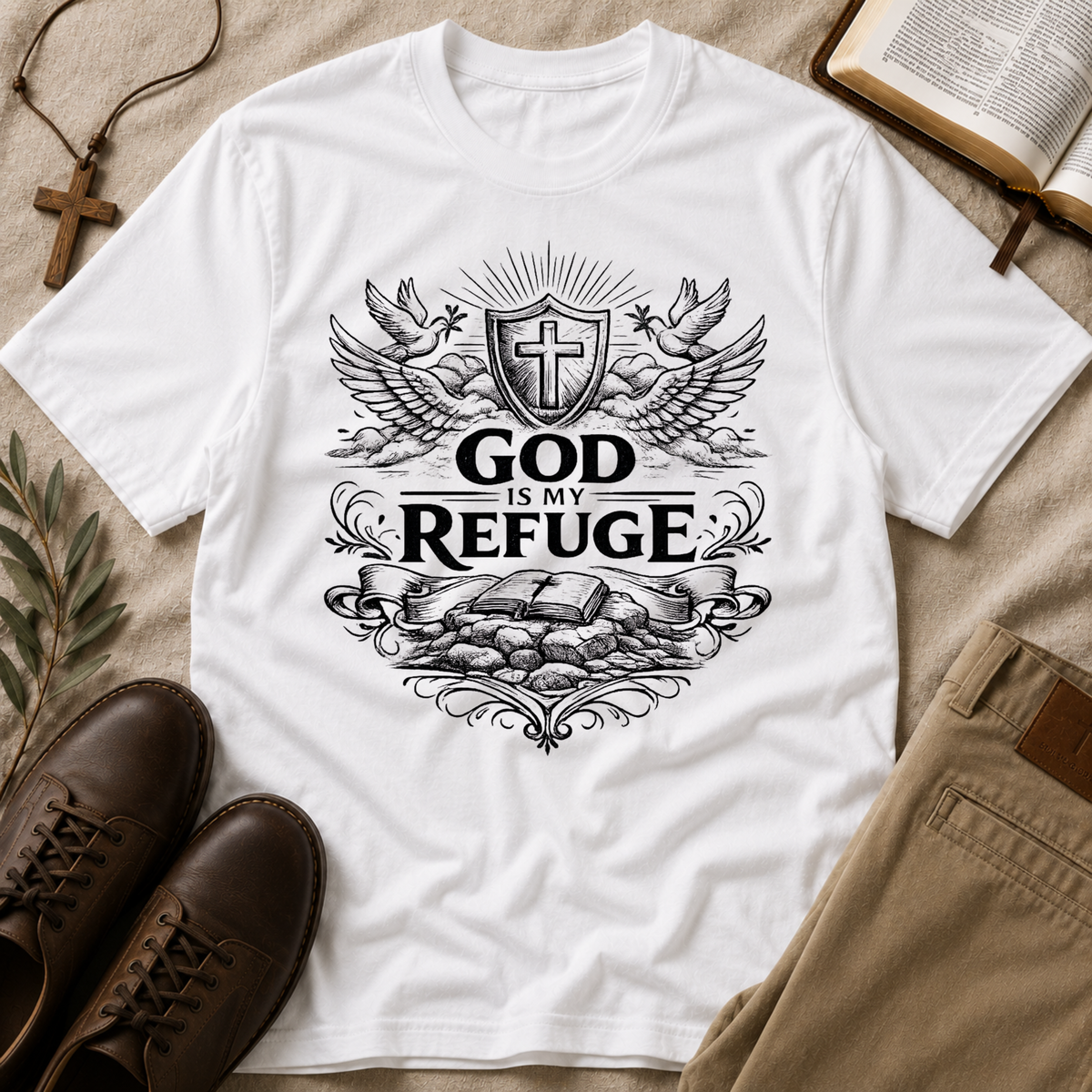 God Is My Refuge T-Shirt | Christian Faith Shirt | Jesus Breaking Bread Designs
