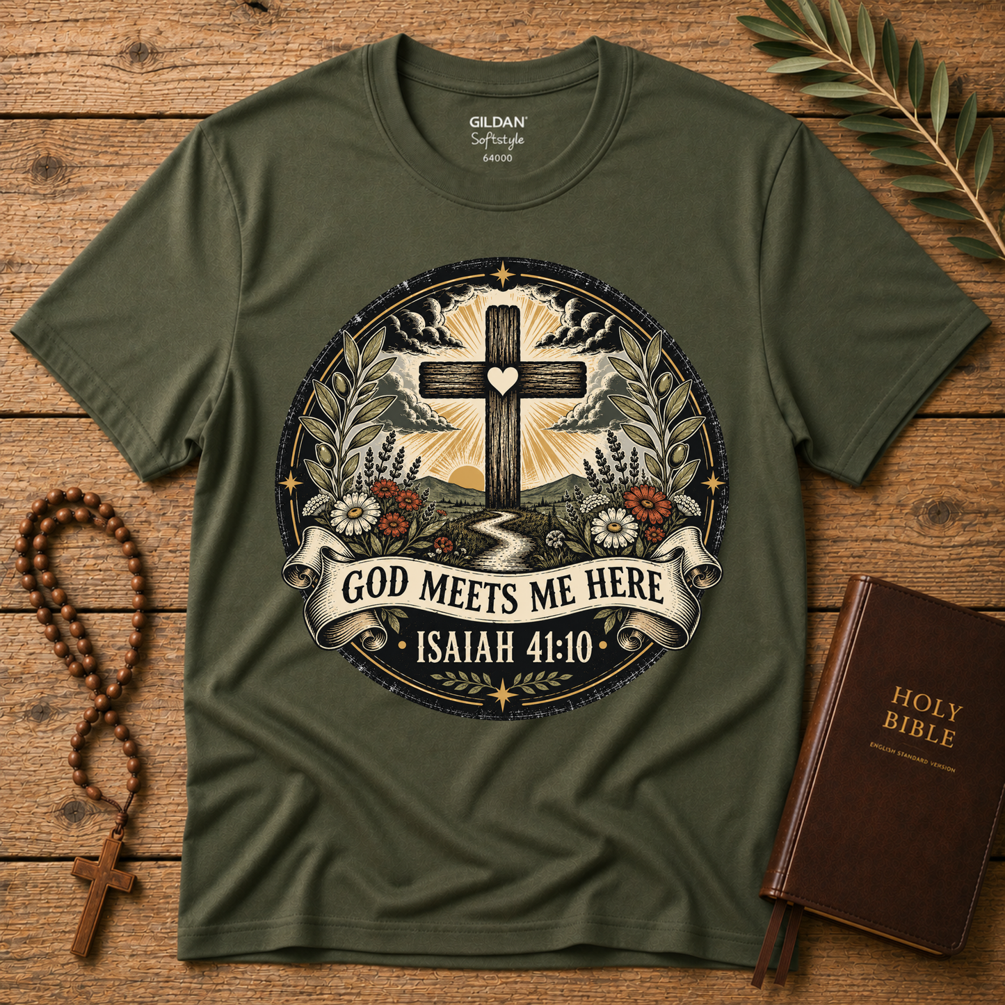 God Meets Me Here Christian T-Shirt – Isaiah 41:10 Faith Shirt Breaking Bread Designs