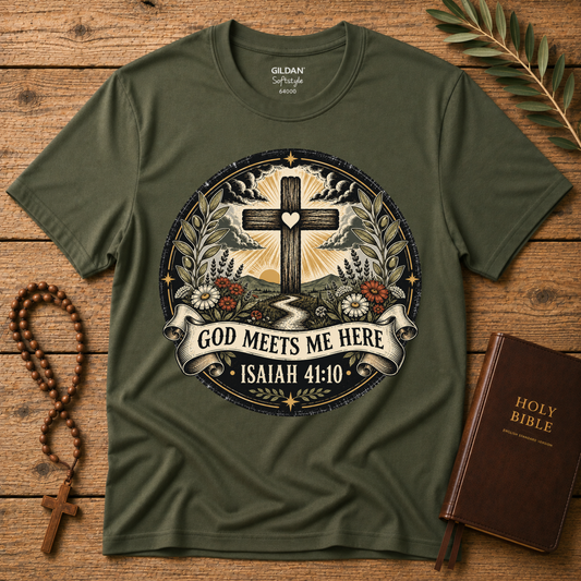 God Meets Me Here Christian T-Shirt – Isaiah 41:10 Faith Shirt Breaking Bread Designs