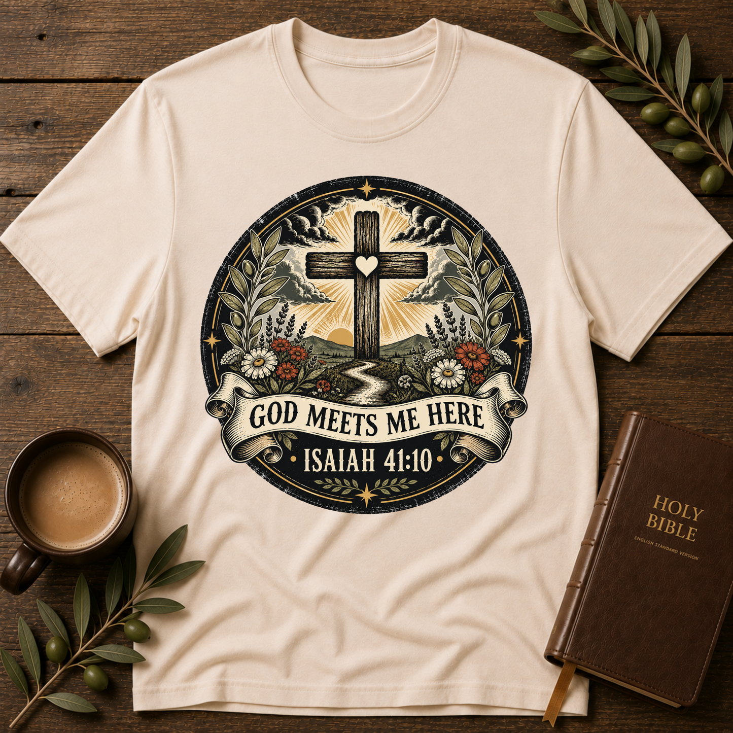 God Meets Me Here Christian T-Shirt – Isaiah 41:10 Faith Shirt Breaking Bread Designs