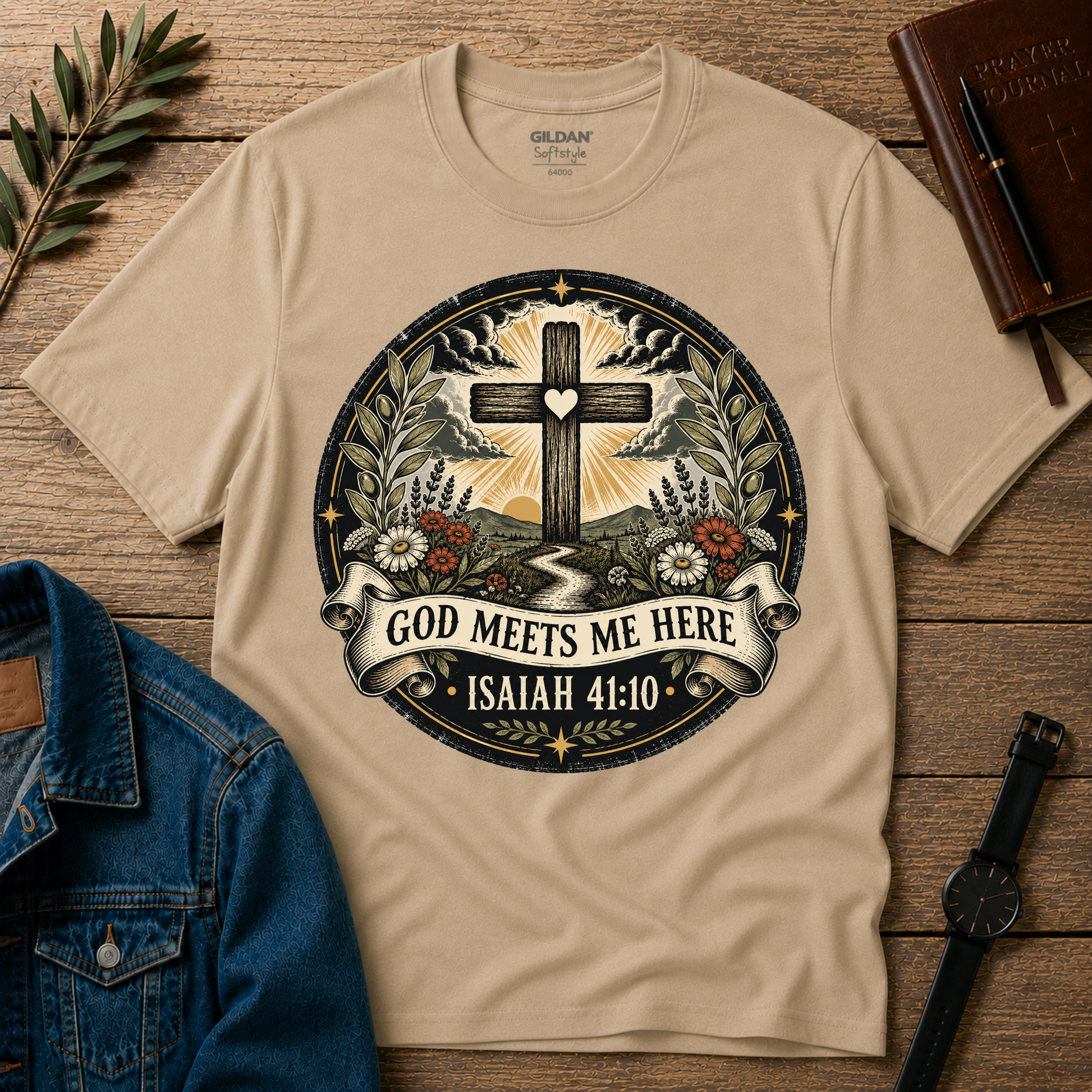 God Meets Me Here Christian T-Shirt – Isaiah 41:10 Faith Shirt Breaking Bread Designs