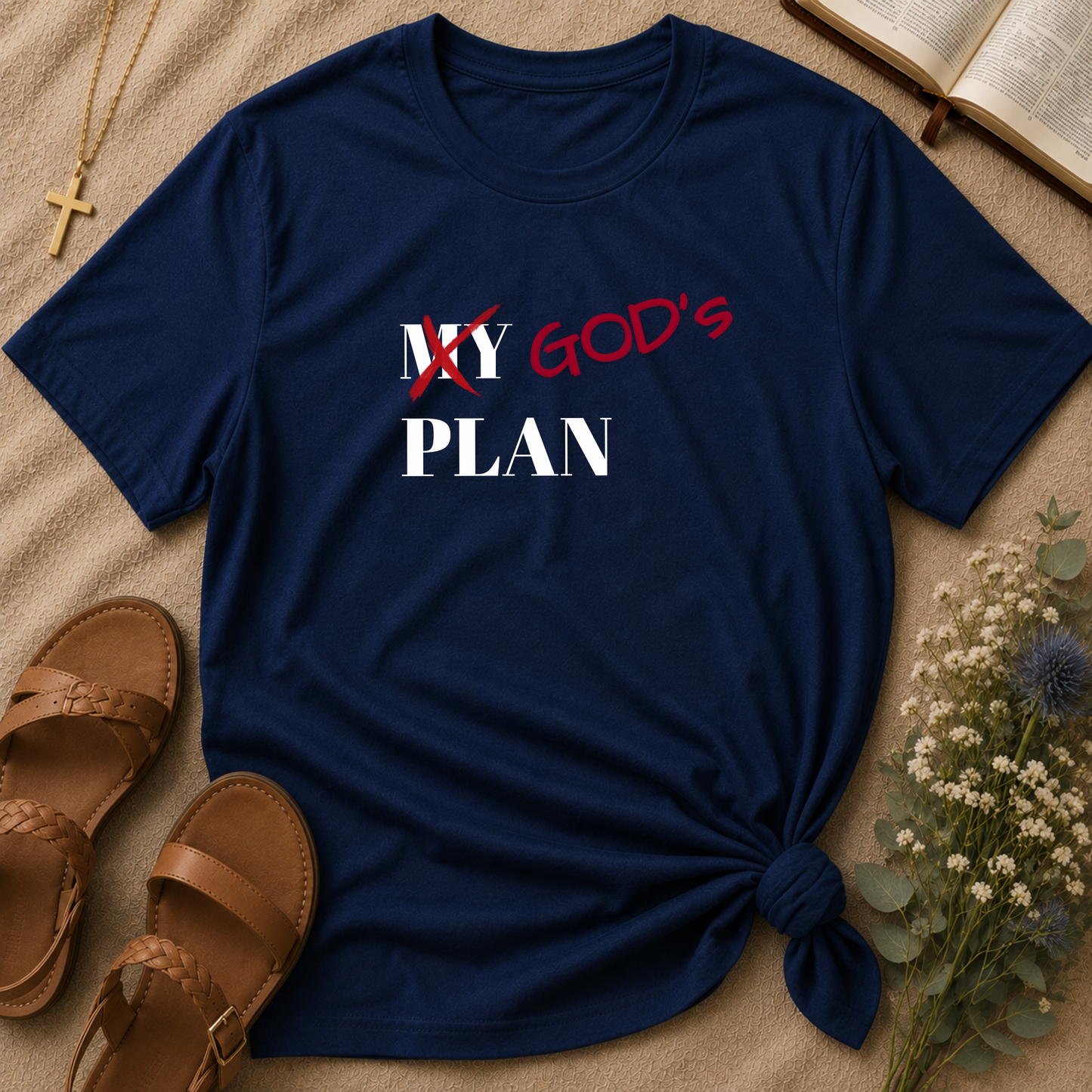 Navy God's Plan Christian T-shirt with inspirational Christian typography celebrating God's perfect plan.