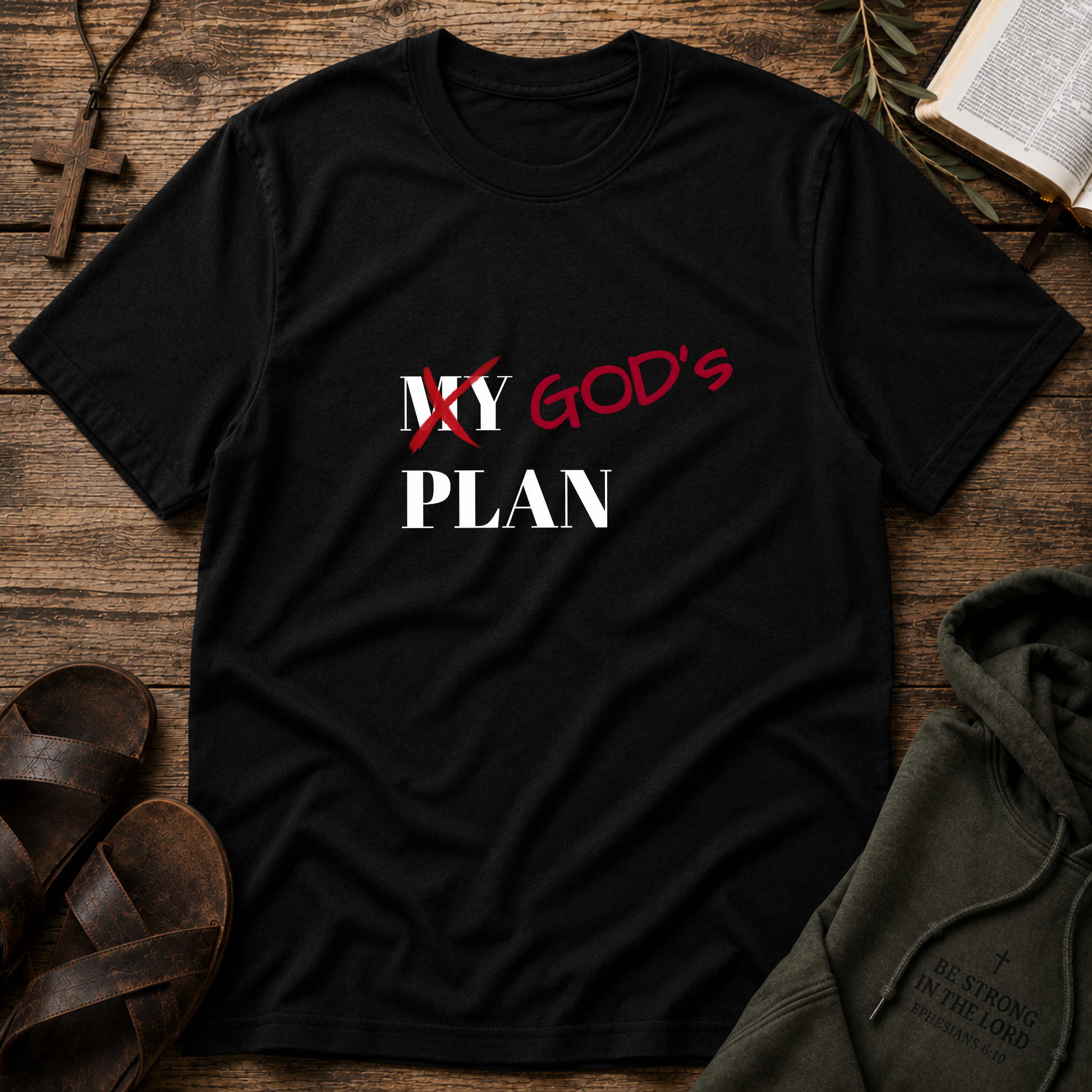 Black God's Plan Christian T-shirt featuring a crossed-out "My Plan" design inspired by Jeremiah 29:11.