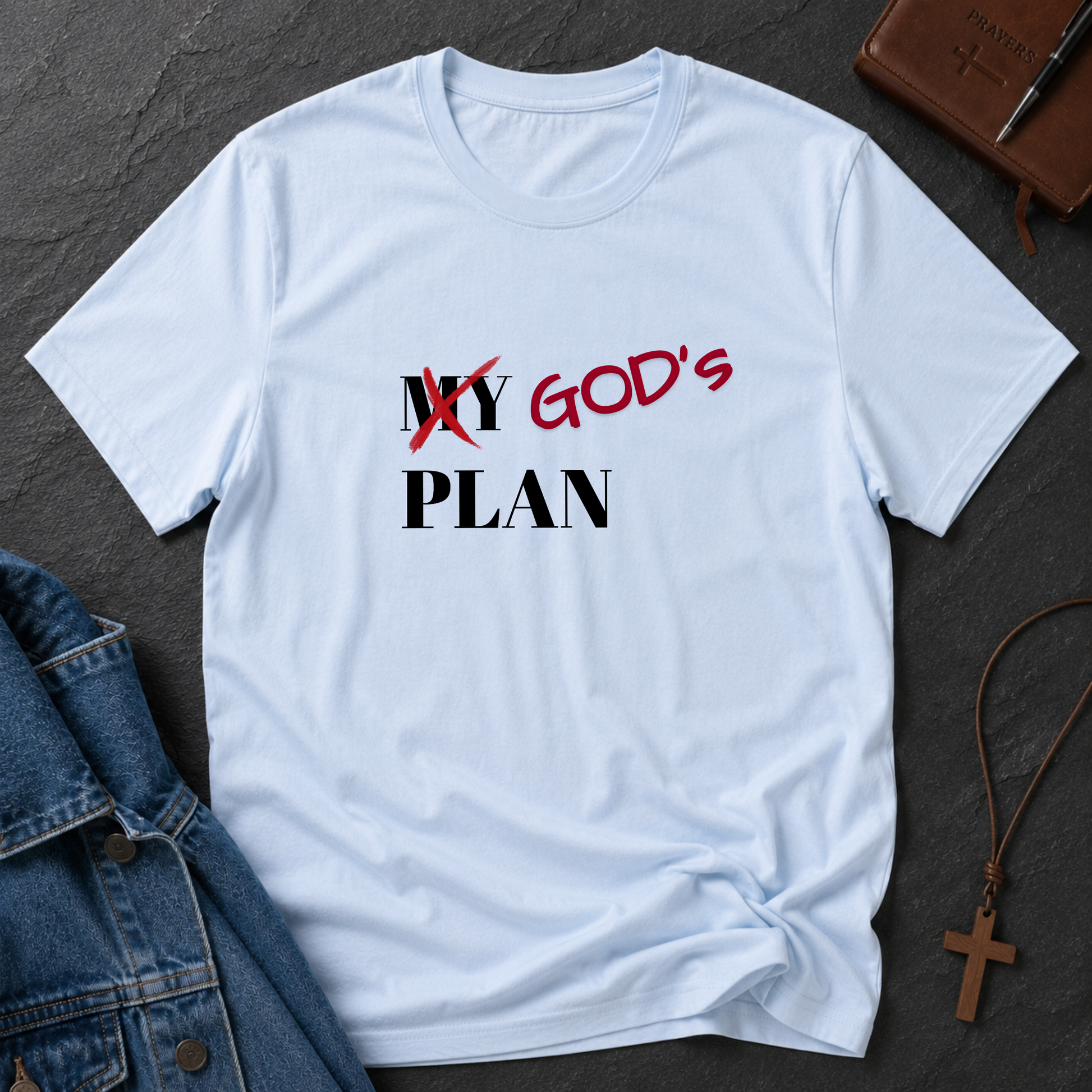 White God's Plan Christian T-shirt with bold Christian typography reminding believers to trust God's plan.