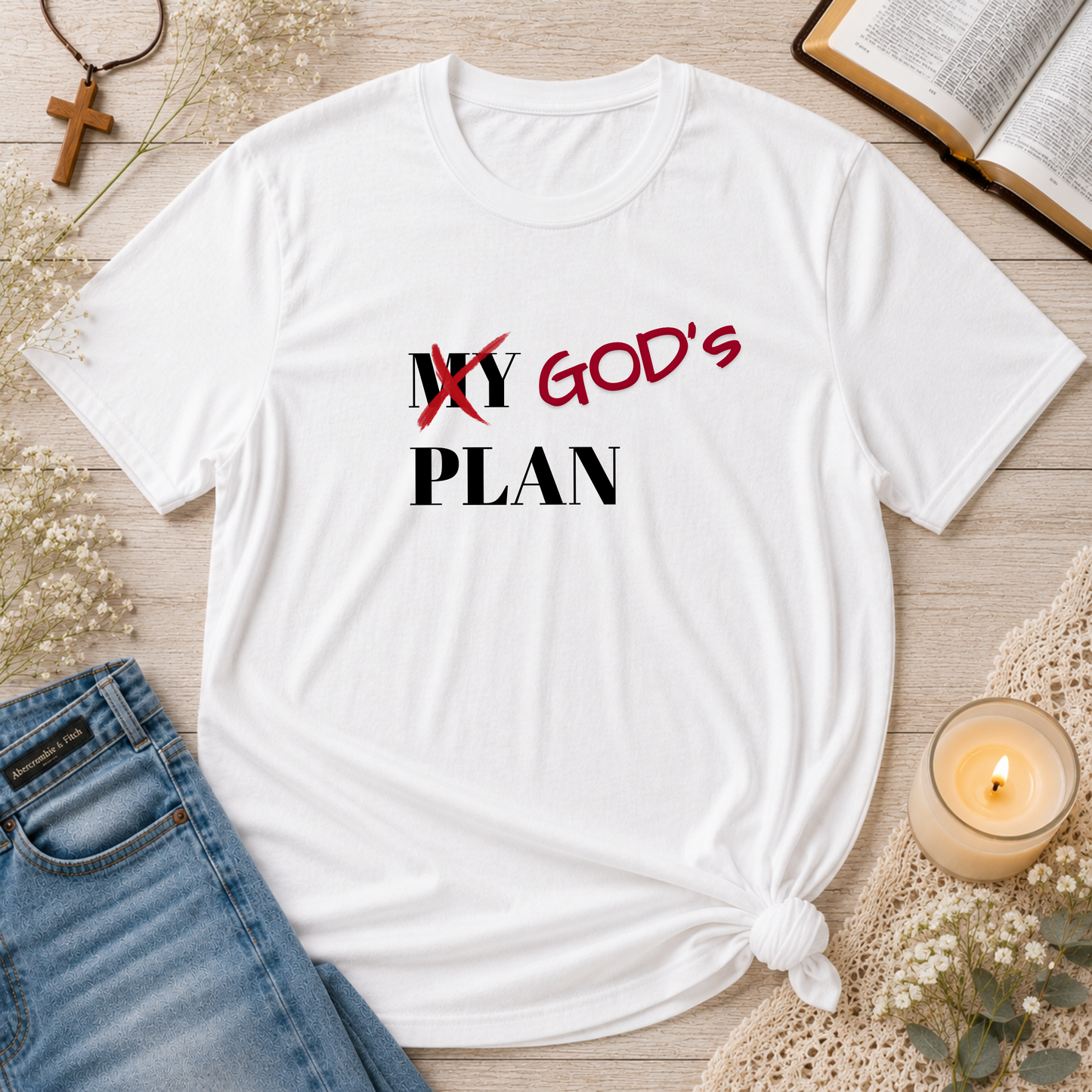 White God's Plan Christian T-shirt with bold Christian typography reminding believers to trust God's plan.