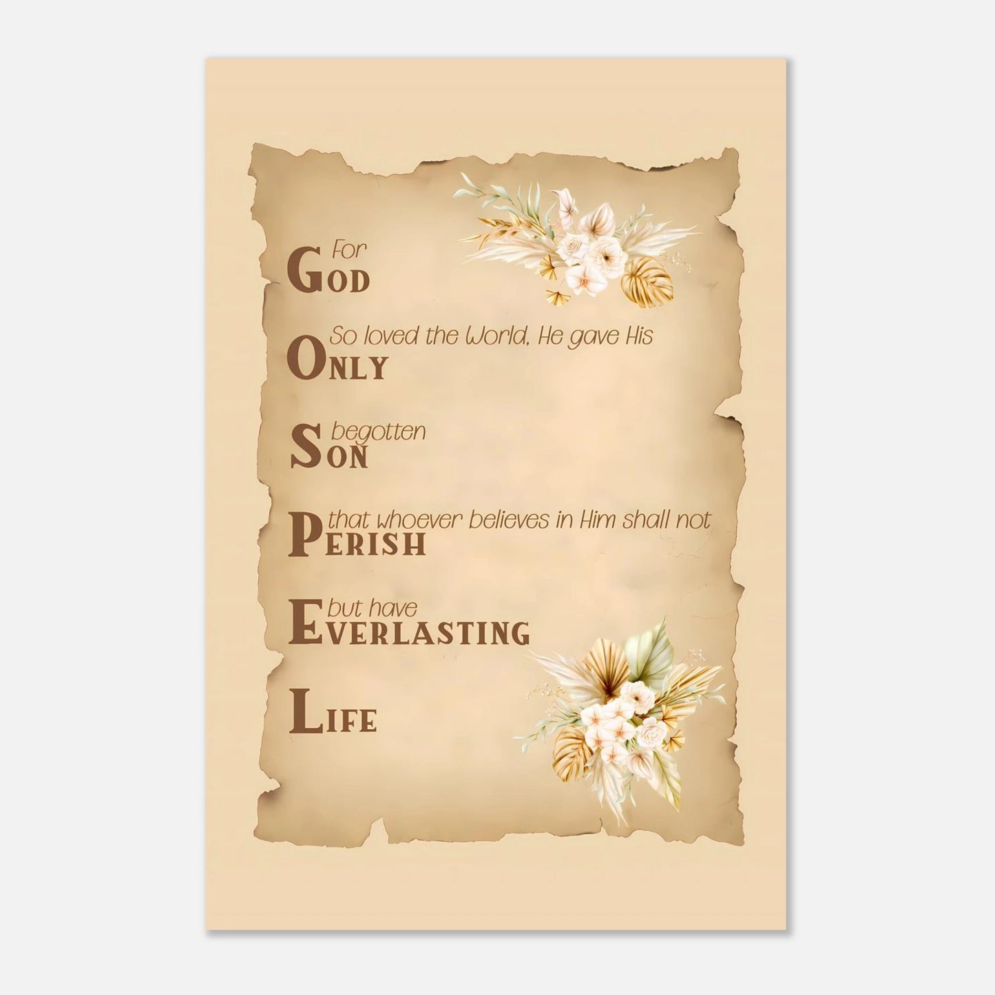 Vintage-style paper with christian text and floral elements on a beige background