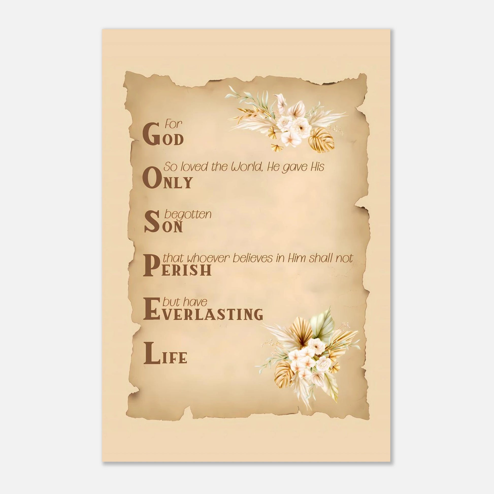 Vintage-style paper with christian text and floral elements on a beige background