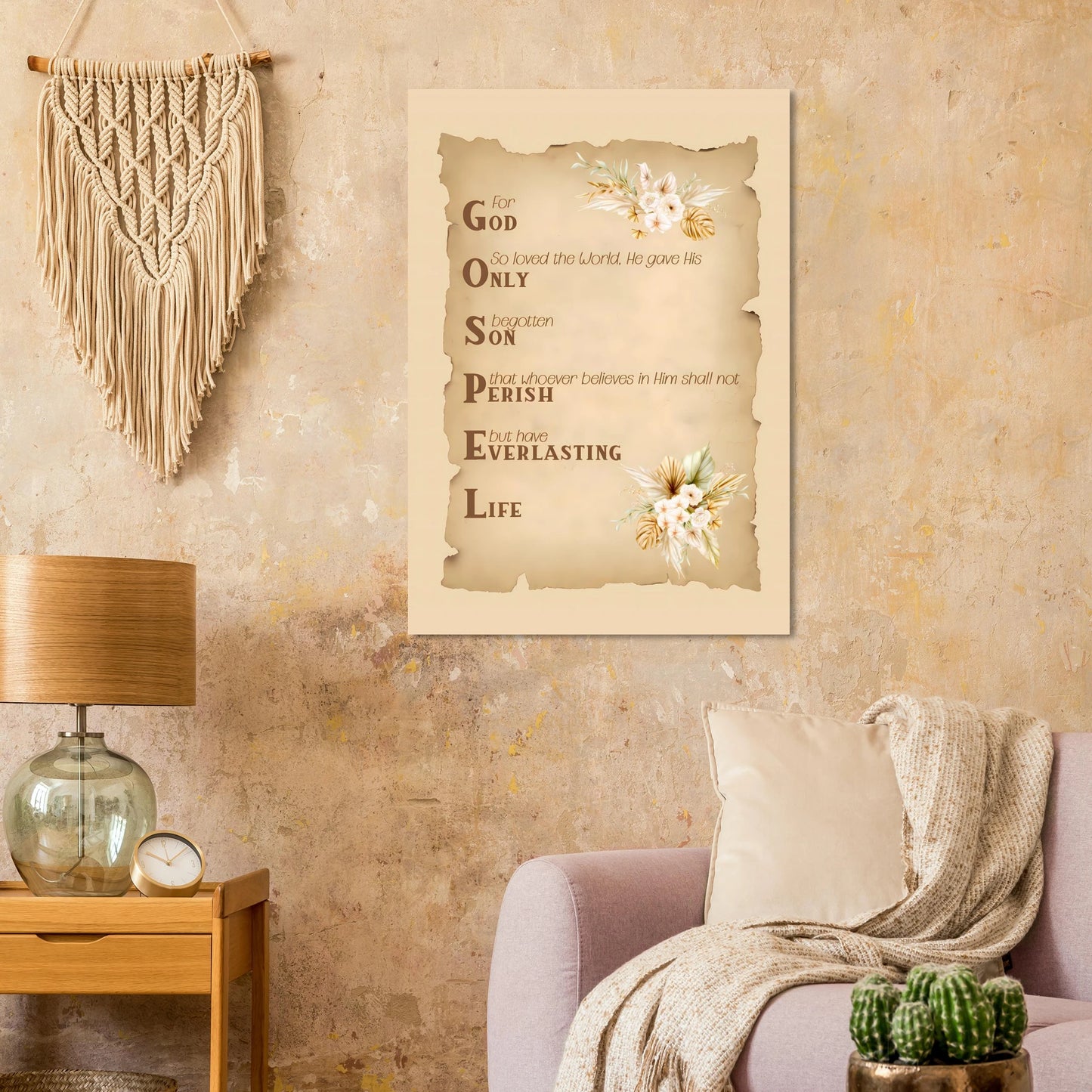 Living room with a framed religious quote on the wall, lamp, and decorative elements.
