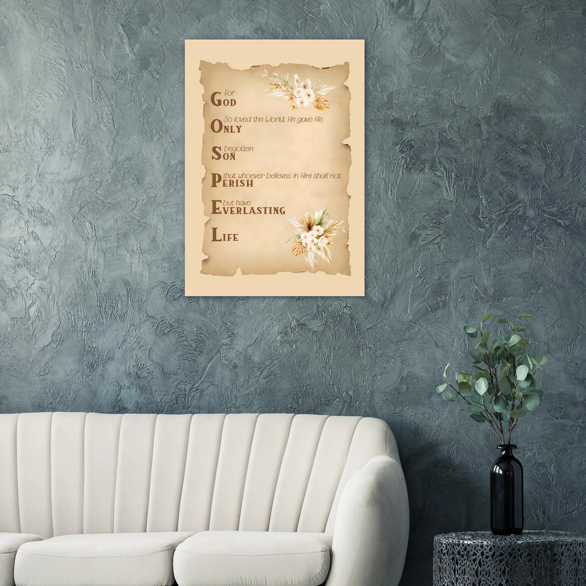 Decorative text poster on a textured wall with a sofa and plant in the foreground