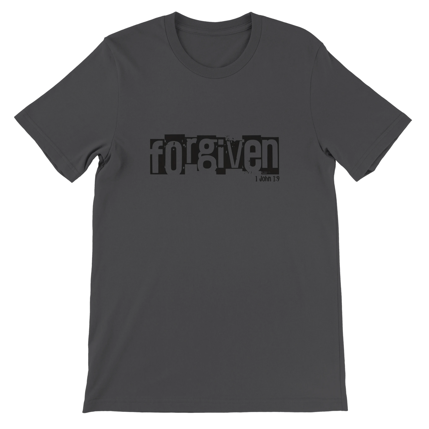 Gray t-shirt with 'forgiven' text on a white background
