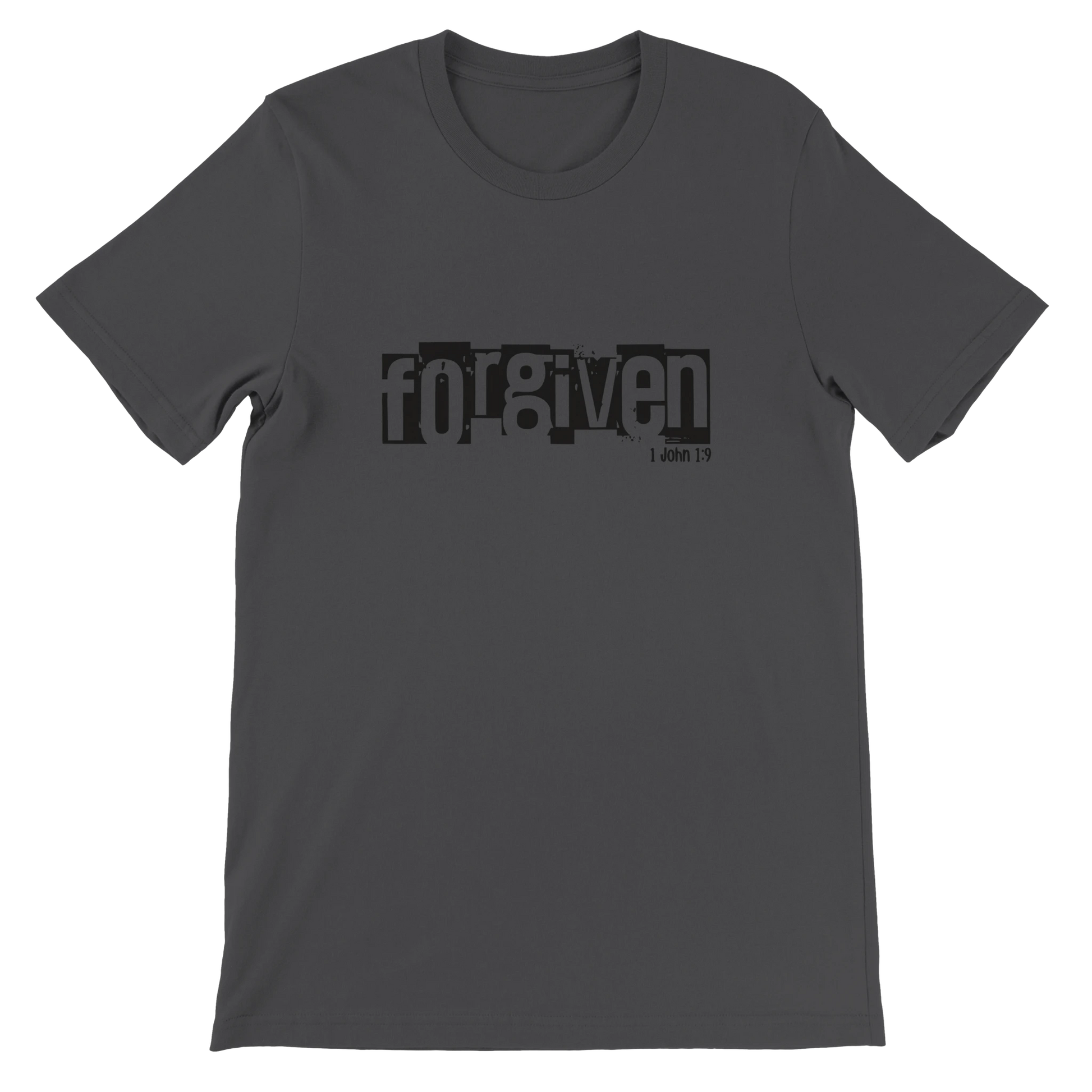 Gray t-shirt with 'forgiven' text on a white background
