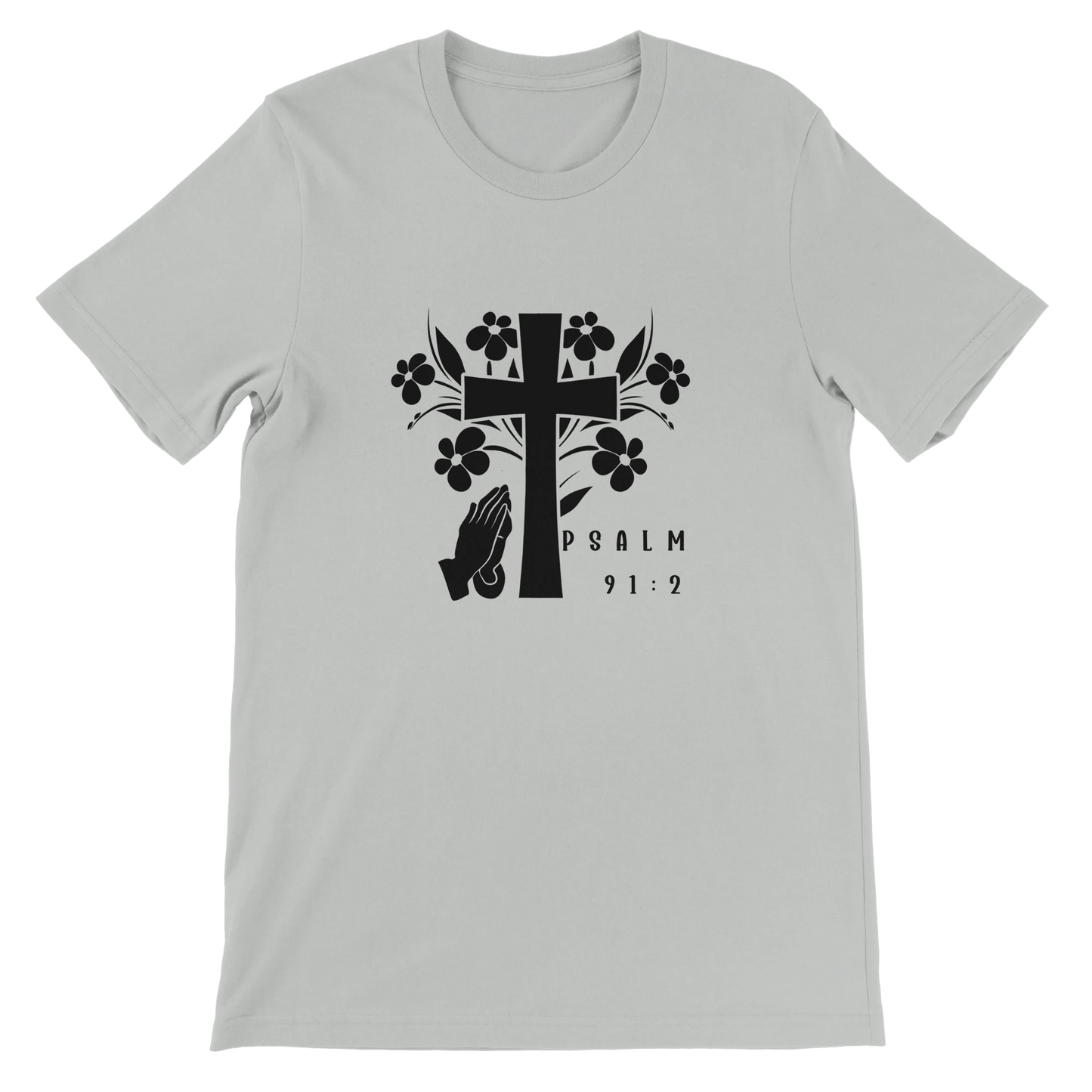 Gray t-shirt with black cross and floral design on a white background