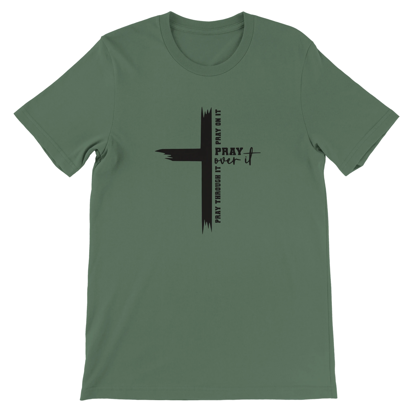 Green t-shirt with a black cross design and text on a white background