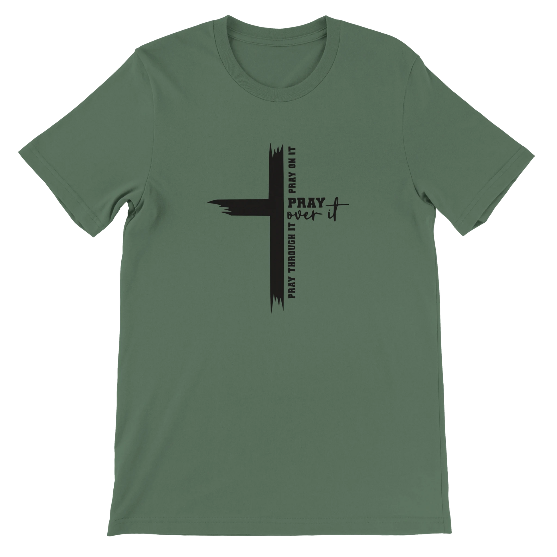 Green t-shirt with a black cross design and text on a white background
