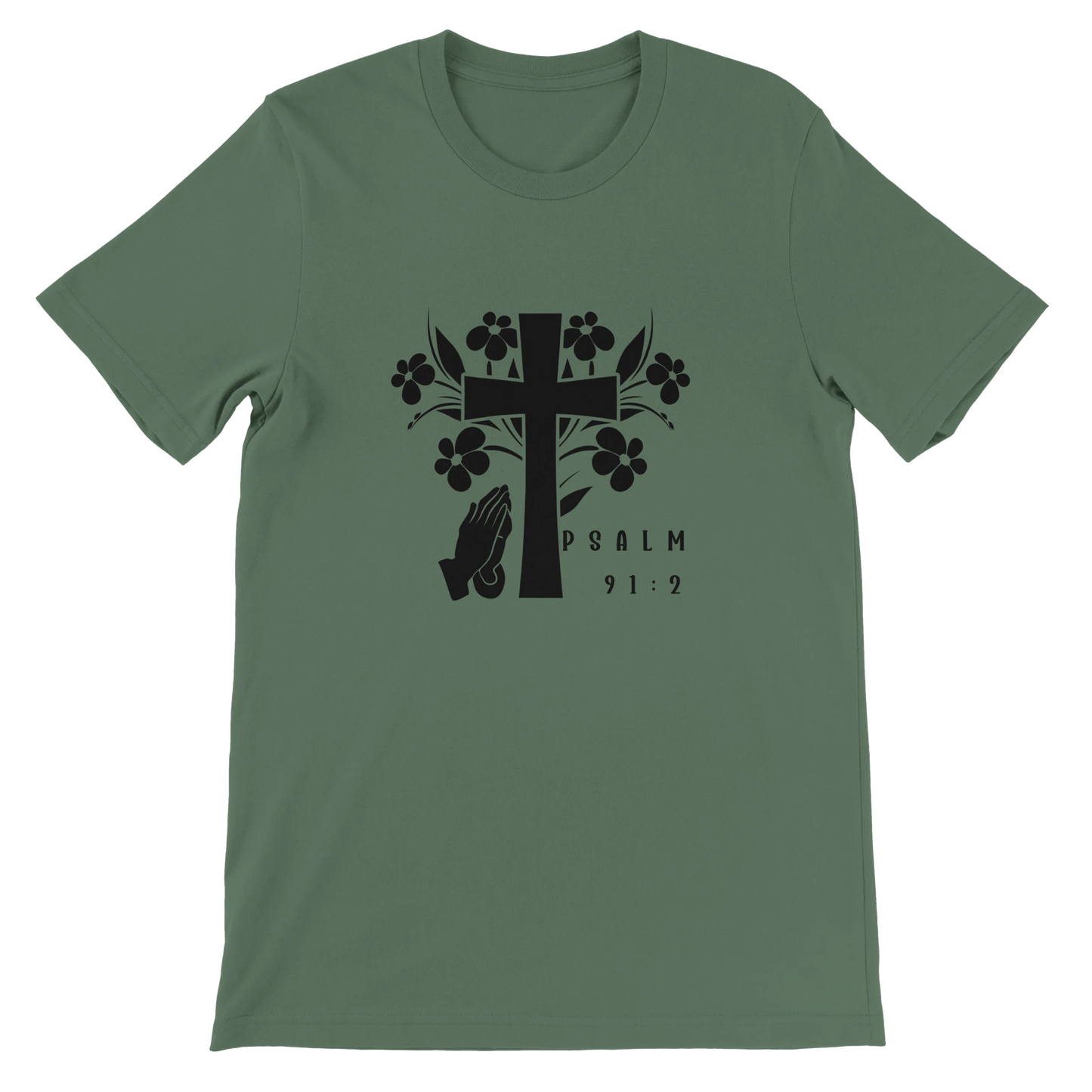 Green t-shirt with black cross and praying hands design on a white background