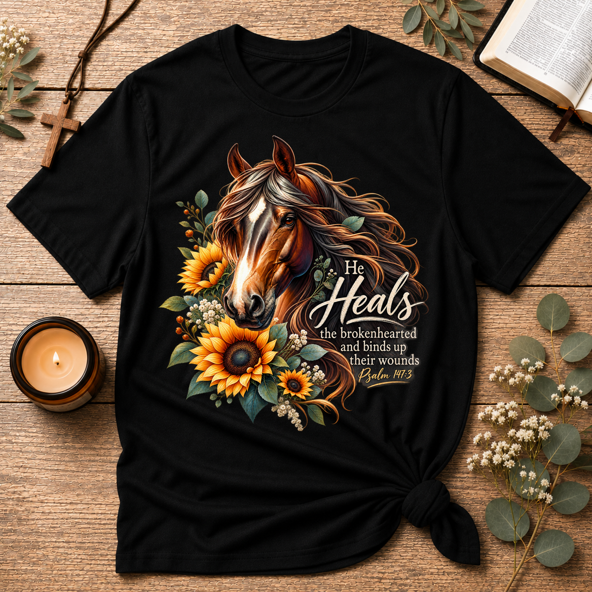 He Heals the Brokenhearted Christian T-Shirt | Psalm 147:3 Healing Tee Breaking Bread Designs