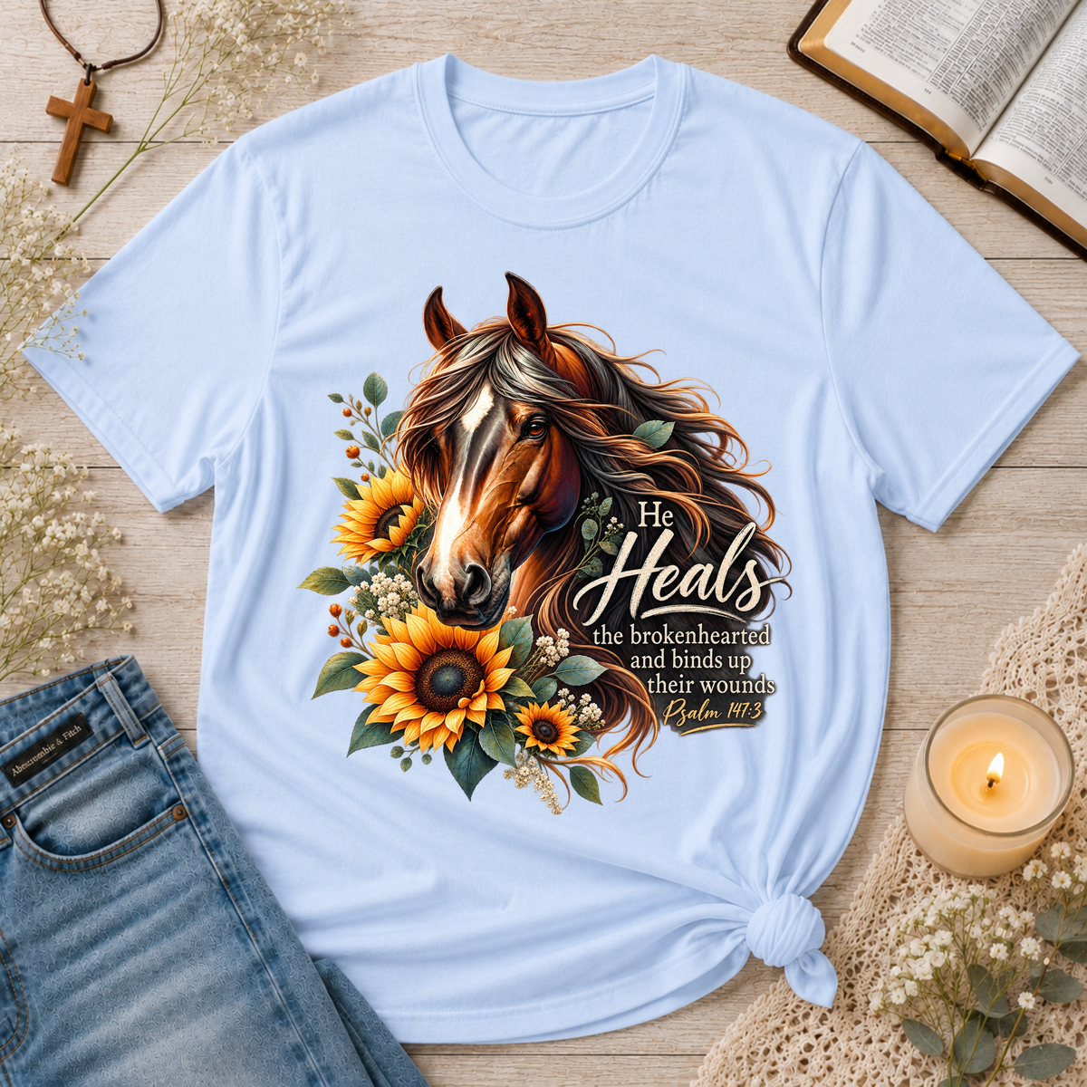 He Heals the Brokenhearted Christian T-Shirt | Psalm 147:3 Healing Tee Breaking Bread Designs