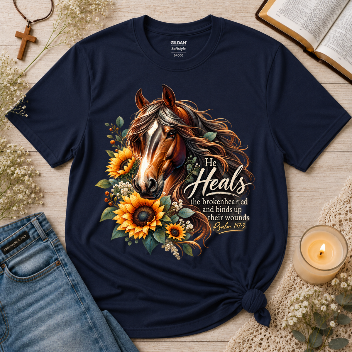 He Heals the Brokenhearted Christian T-Shirt | Psalm 147:3 Healing Tee Breaking Bread Designs