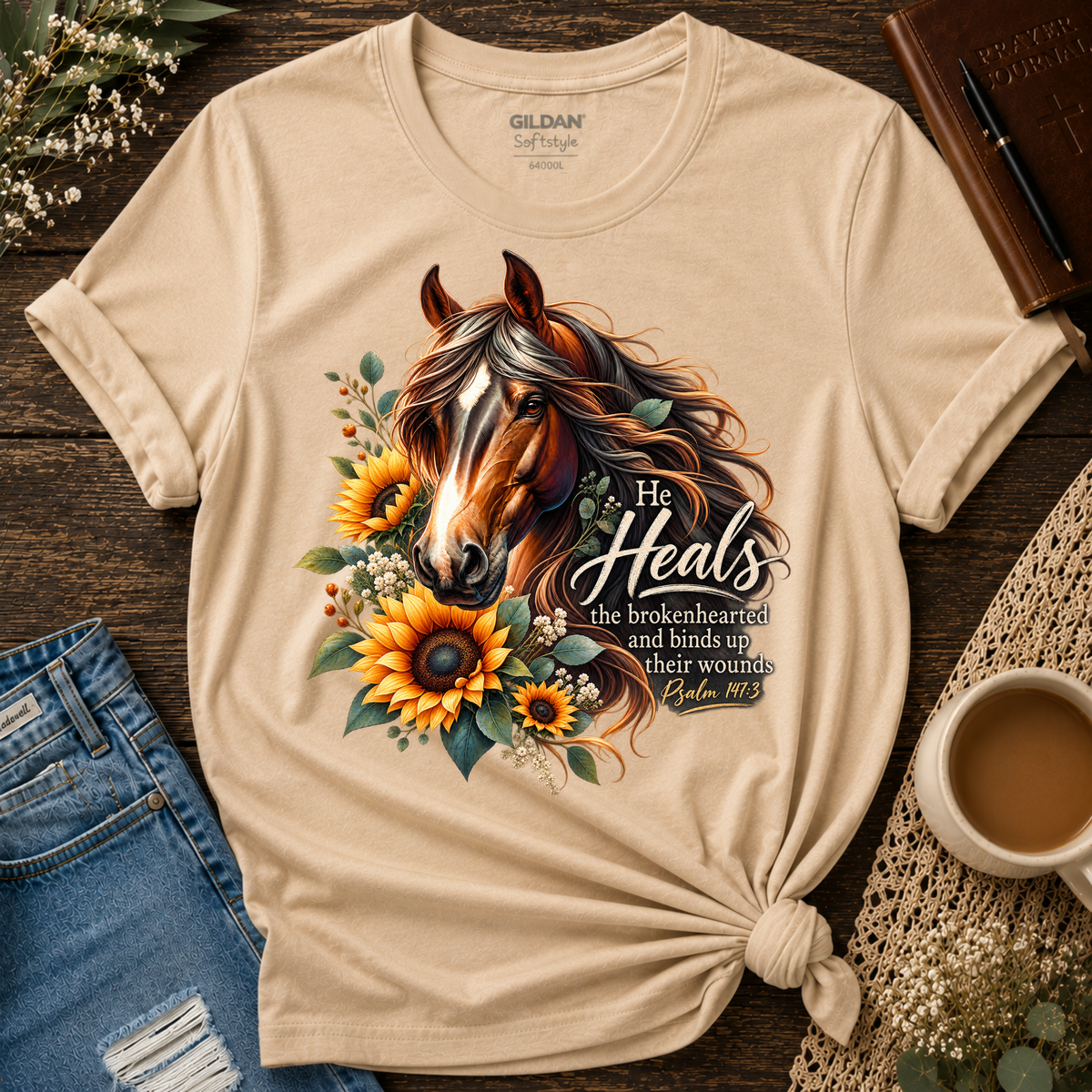 He Heals the Brokenhearted Christian T-Shirt | Psalm 147:3 Healing Tee Breaking Bread Designs