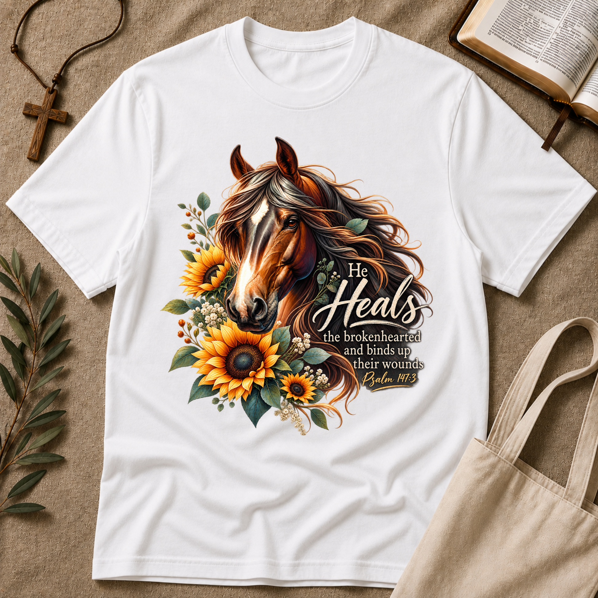 He Heals the Brokenhearted Christian T-Shirt | Psalm 147:3 Healing Tee Breaking Bread Designs