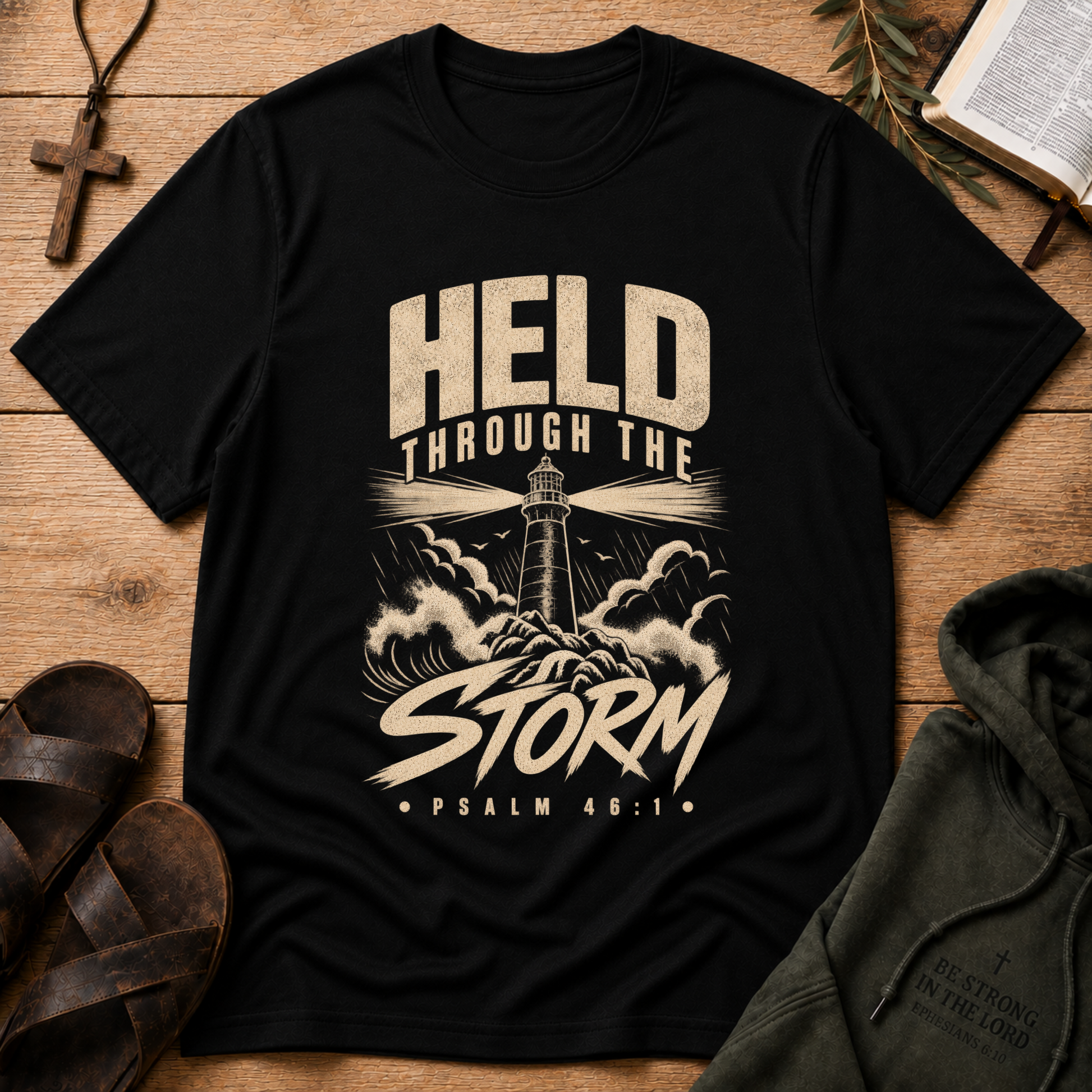 Held Through the Storm Christian T-Shirt | Faith Over Fear Jesus Tee | Christian Streetwear Breaking Bread Designs