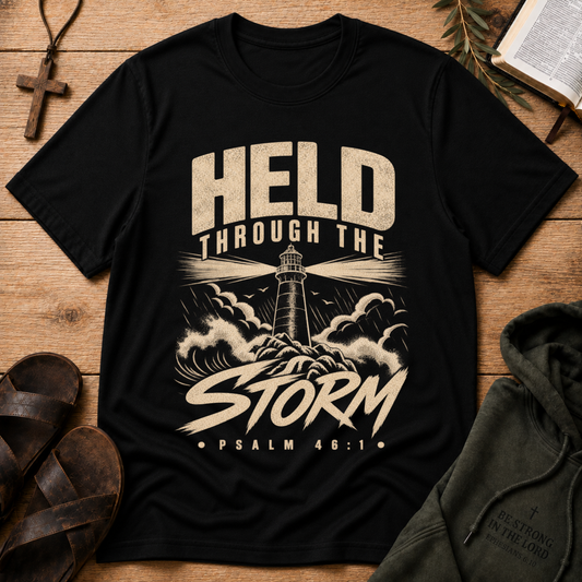 Held Through the Storm Christian T-Shirt | Faith Over Fear Jesus Tee | Christian Streetwear Breaking Bread Designs