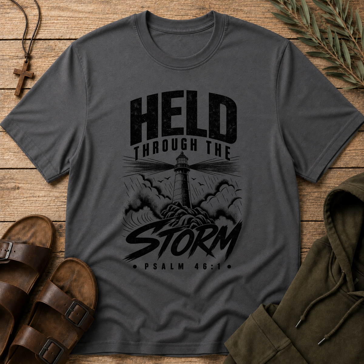 Held Through the Storm Christian T-Shirt | Faith Over Fear Jesus Tee | Christian Streetwear Breaking Bread Designs