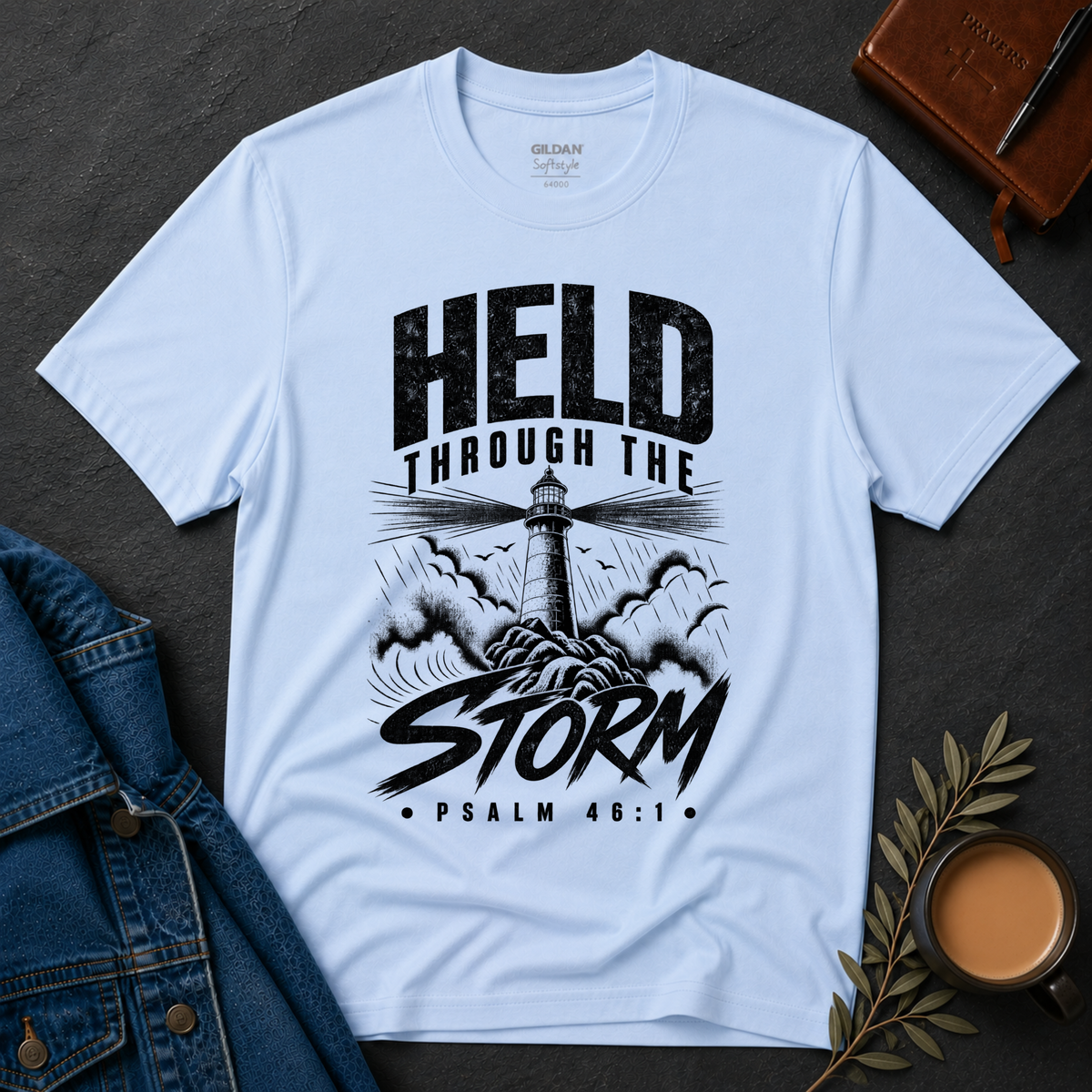 Held Through the Storm Christian T-Shirt | Faith Over Fear Jesus Tee | Christian Streetwear Breaking Bread Designs