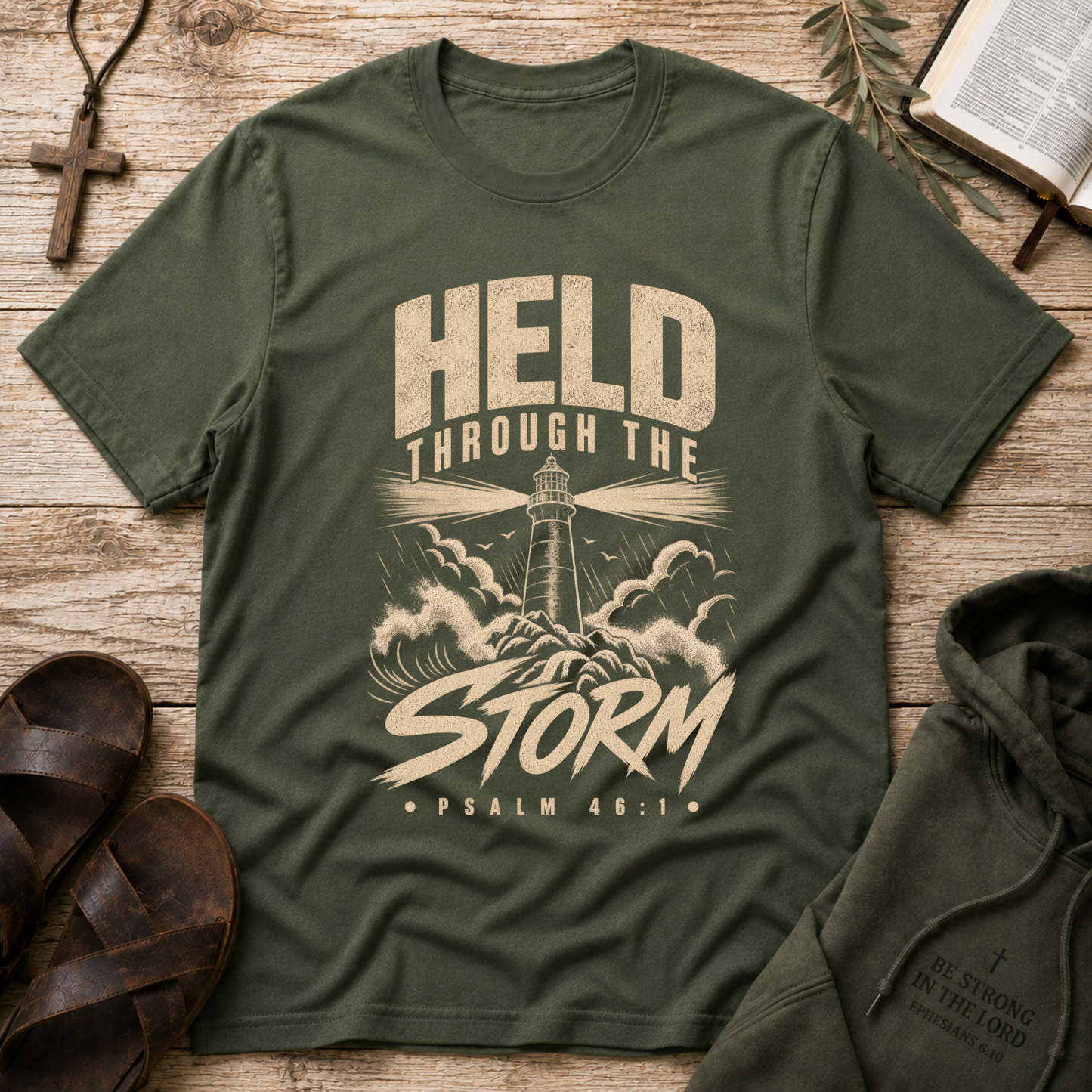 Held Through the Storm Christian T-Shirt | Faith Over Fear Jesus Tee | Christian Streetwear Breaking Bread Designs