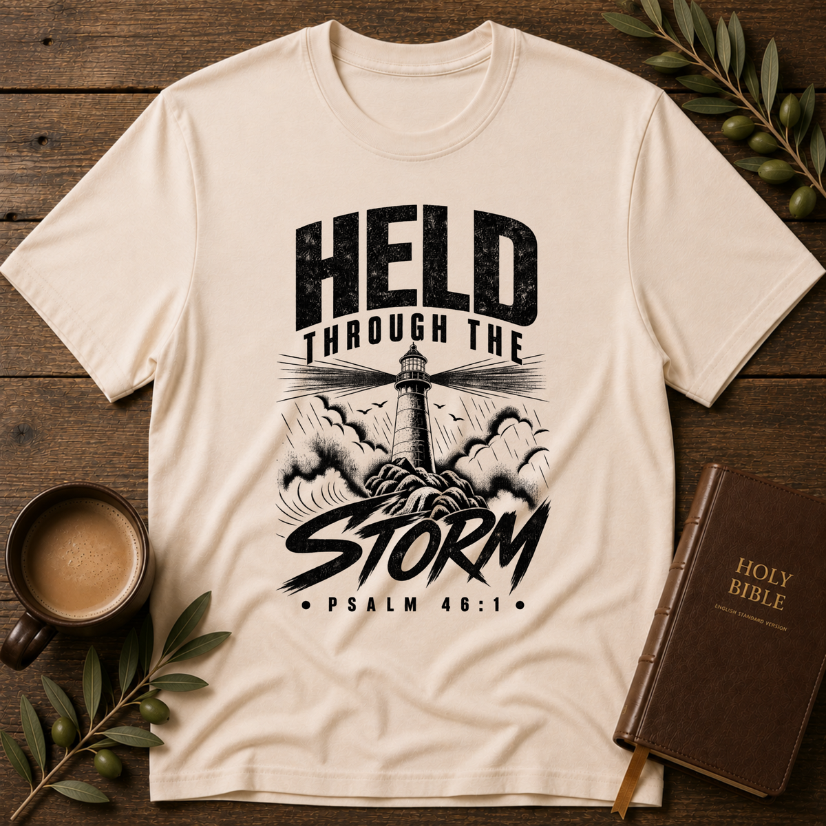 Held Through the Storm Christian T-Shirt | Faith Over Fear Jesus Tee | Christian Streetwear Breaking Bread Designs