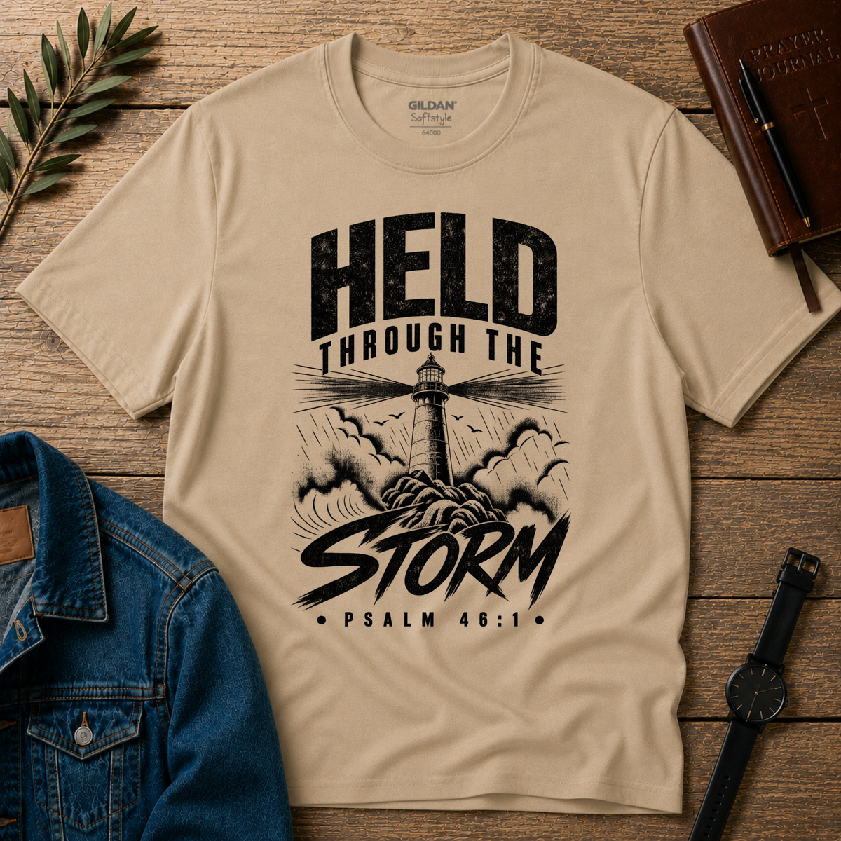 Held Through the Storm Christian T-Shirt | Faith Over Fear Jesus Tee | Christian Streetwear Breaking Bread Designs