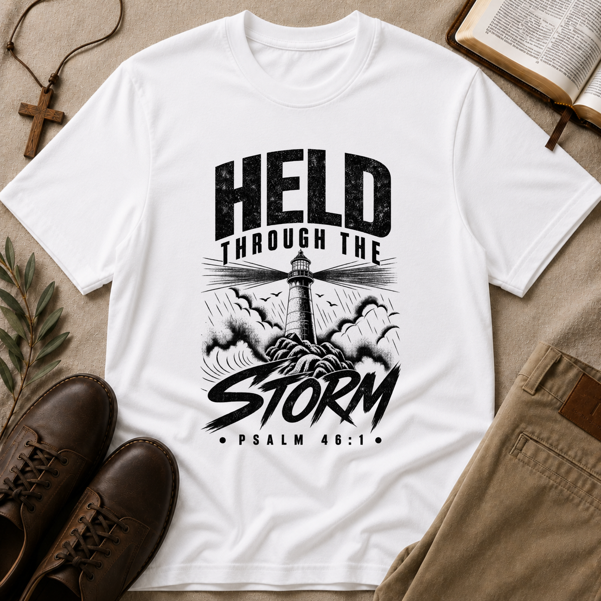 Held Through the Storm Christian T-Shirt | Faith Over Fear Jesus Tee | Christian Streetwear Breaking Bread Designs
