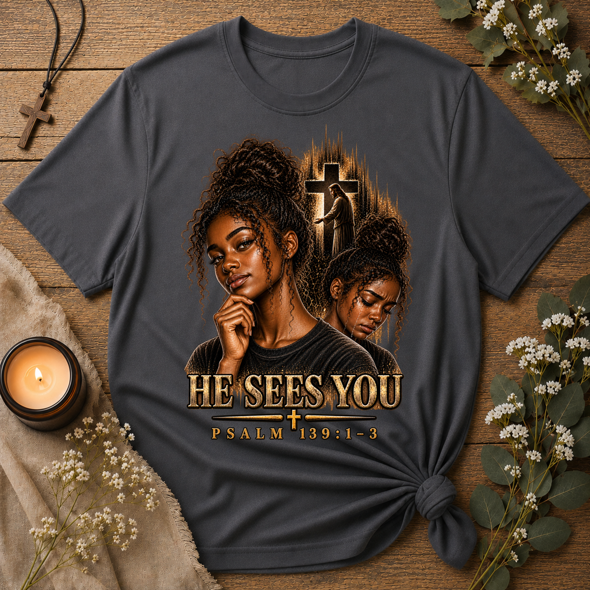 He Sees You Christian T-Shirt | Psalm 139:1–3 Black Christian Faith Tee | Christian Mental Health Shirt Printify