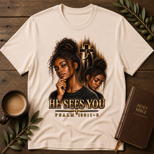 He Sees You Christian T-Shirt | Psalm 139:1–3 Black Christian Faith Tee | Christian Mental Health Shirt Printify