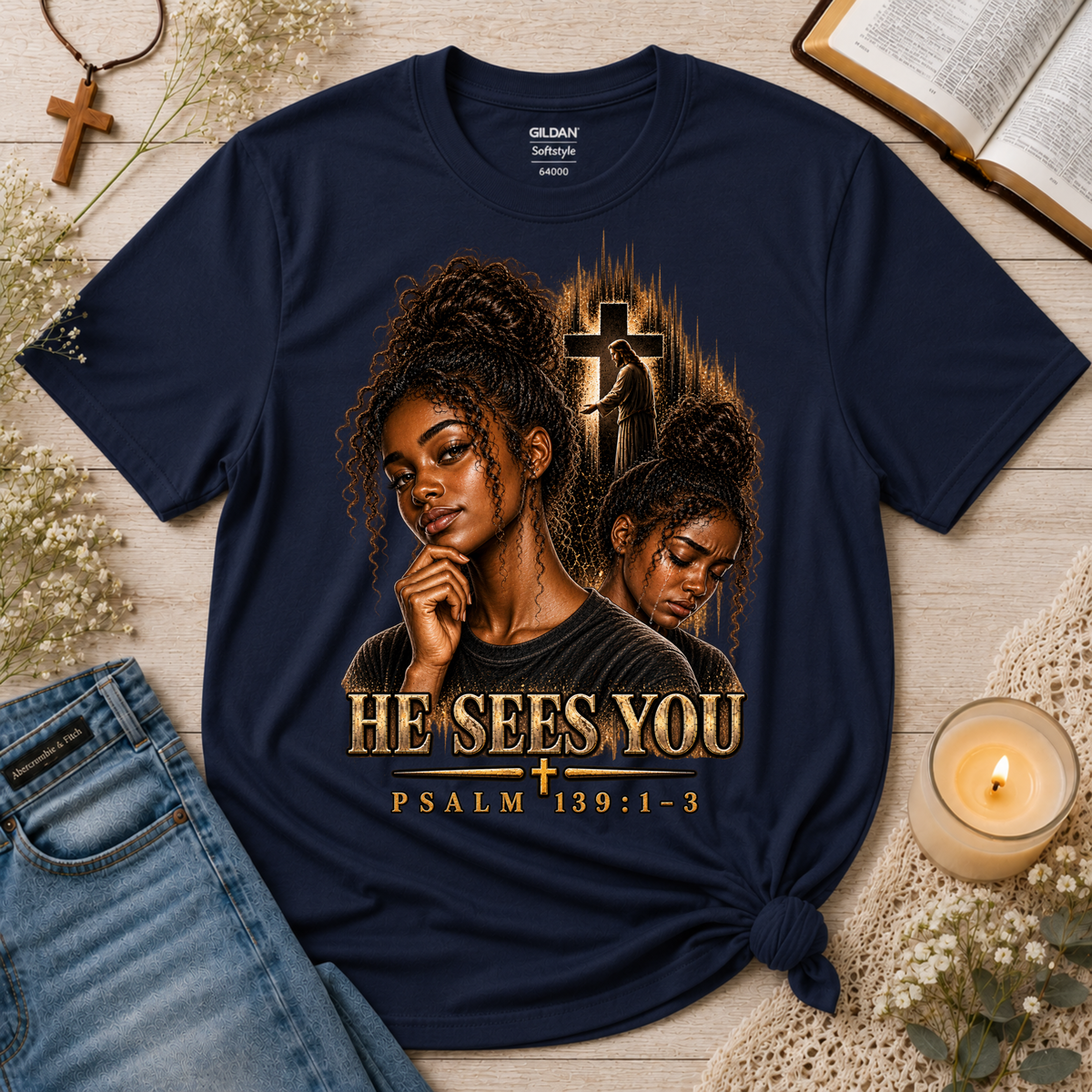 He Sees You Christian T-Shirt | Psalm 139:1–3 Black Christian Faith Tee | Christian Mental Health Shirt Printify