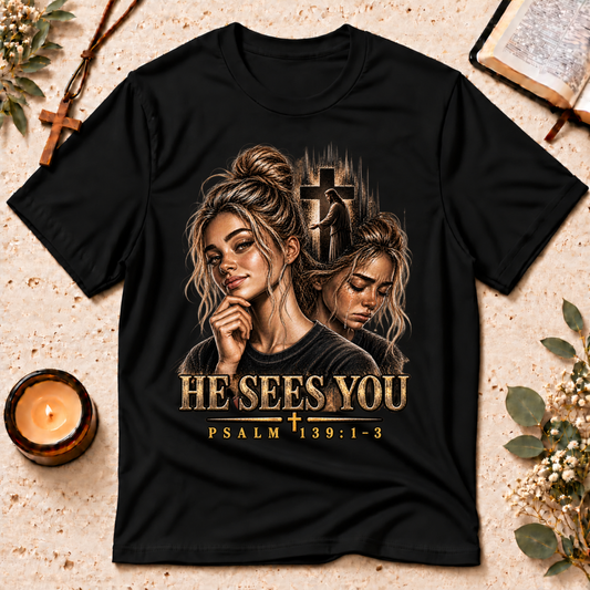 He Sees You Psalm 139:1–3 Christian T-Shirt Breaking Bread Designs