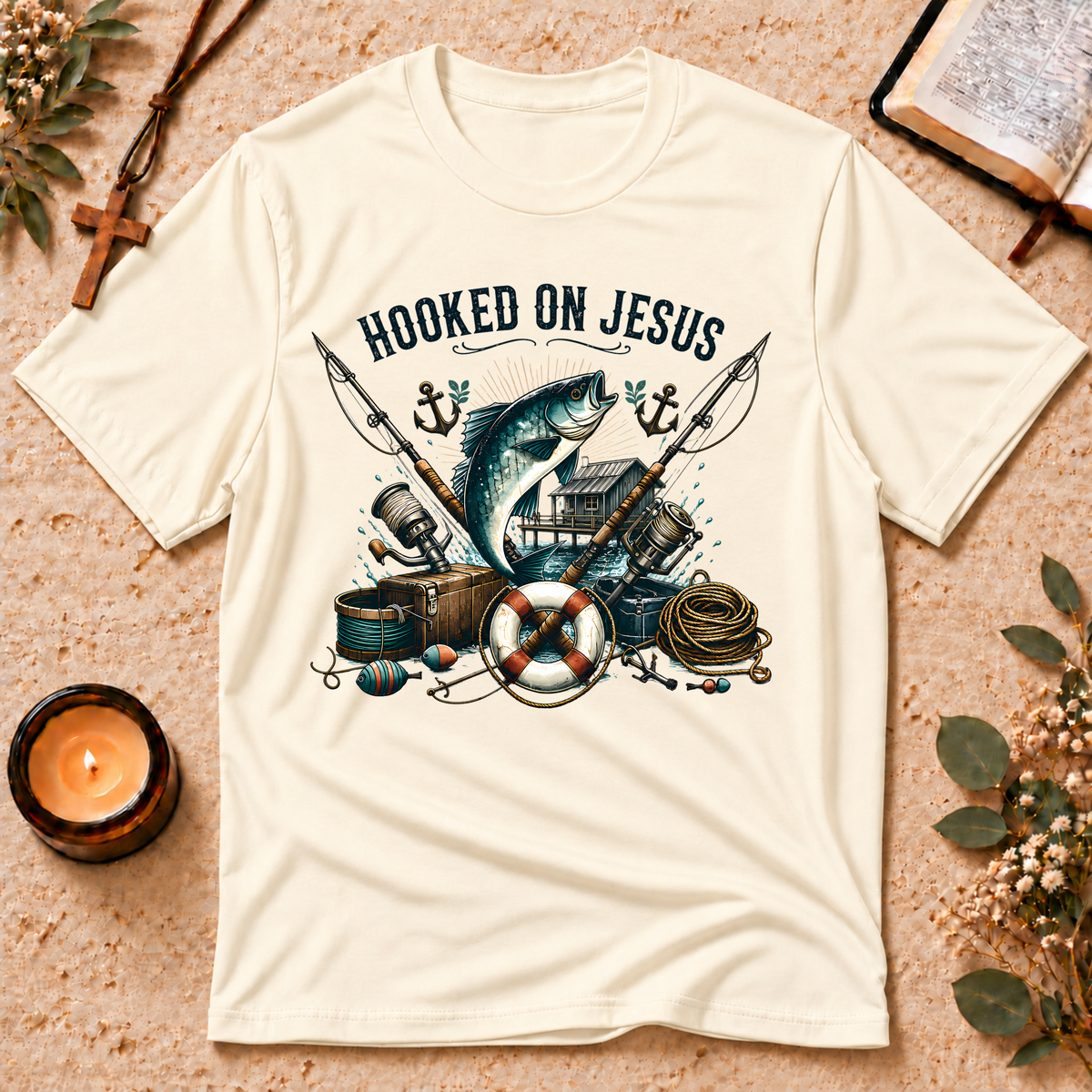 Hooked on Jesus Christian Fishing T-Shirt Breaking Bread Designs