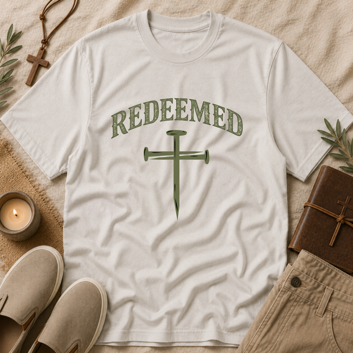 REDEEMED Christian T-Shirt | Cross & Nails Faith Graphic Tee | Inspirational Christian Apparel Breaking Bread Designs