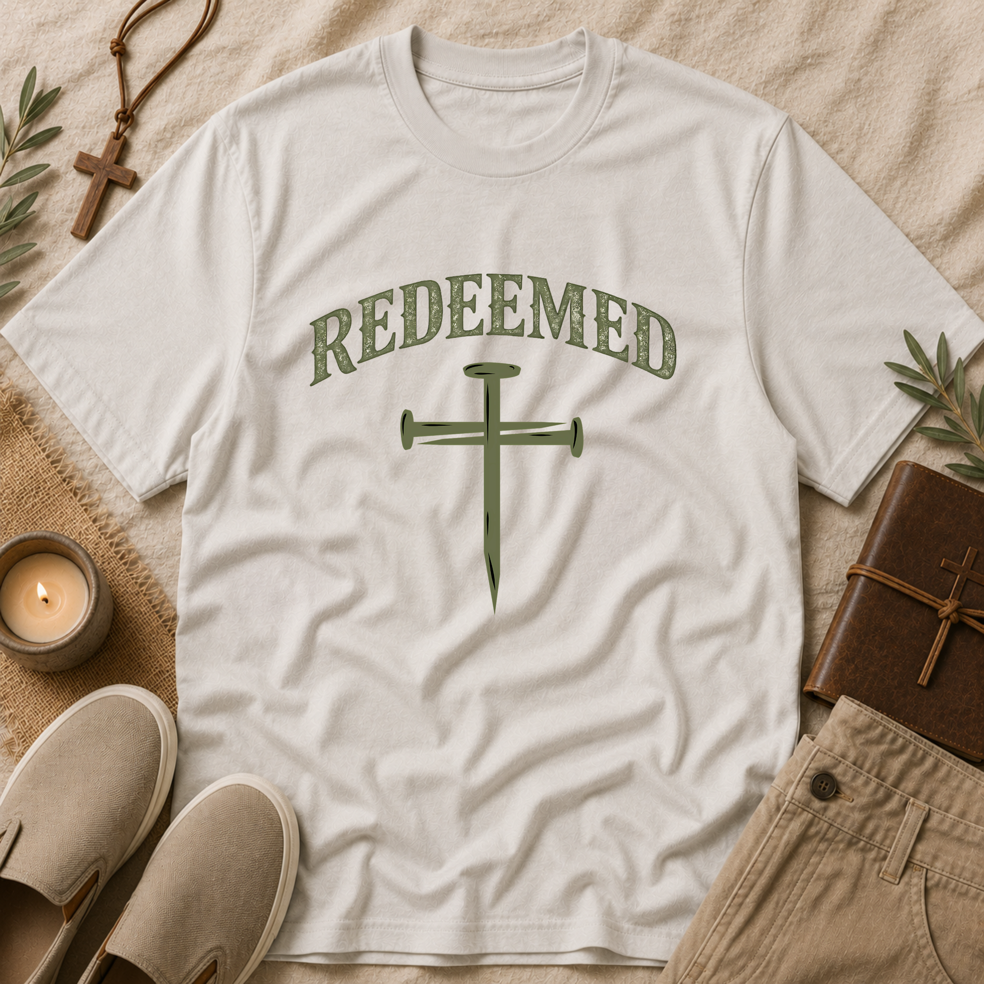 REDEEMED Christian T-Shirt | Cross & Nails Faith Graphic Tee | Inspirational Christian Apparel Breaking Bread Designs