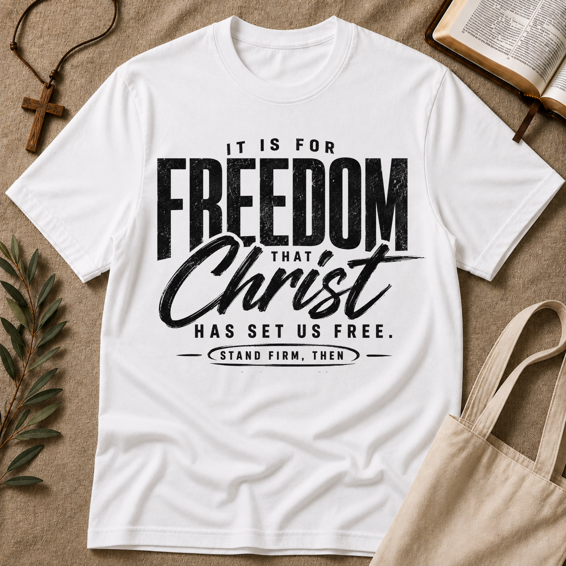Christ Has Set Us Free Christian T-Shirt | Galatians 5:1 Breaking Bread Designs