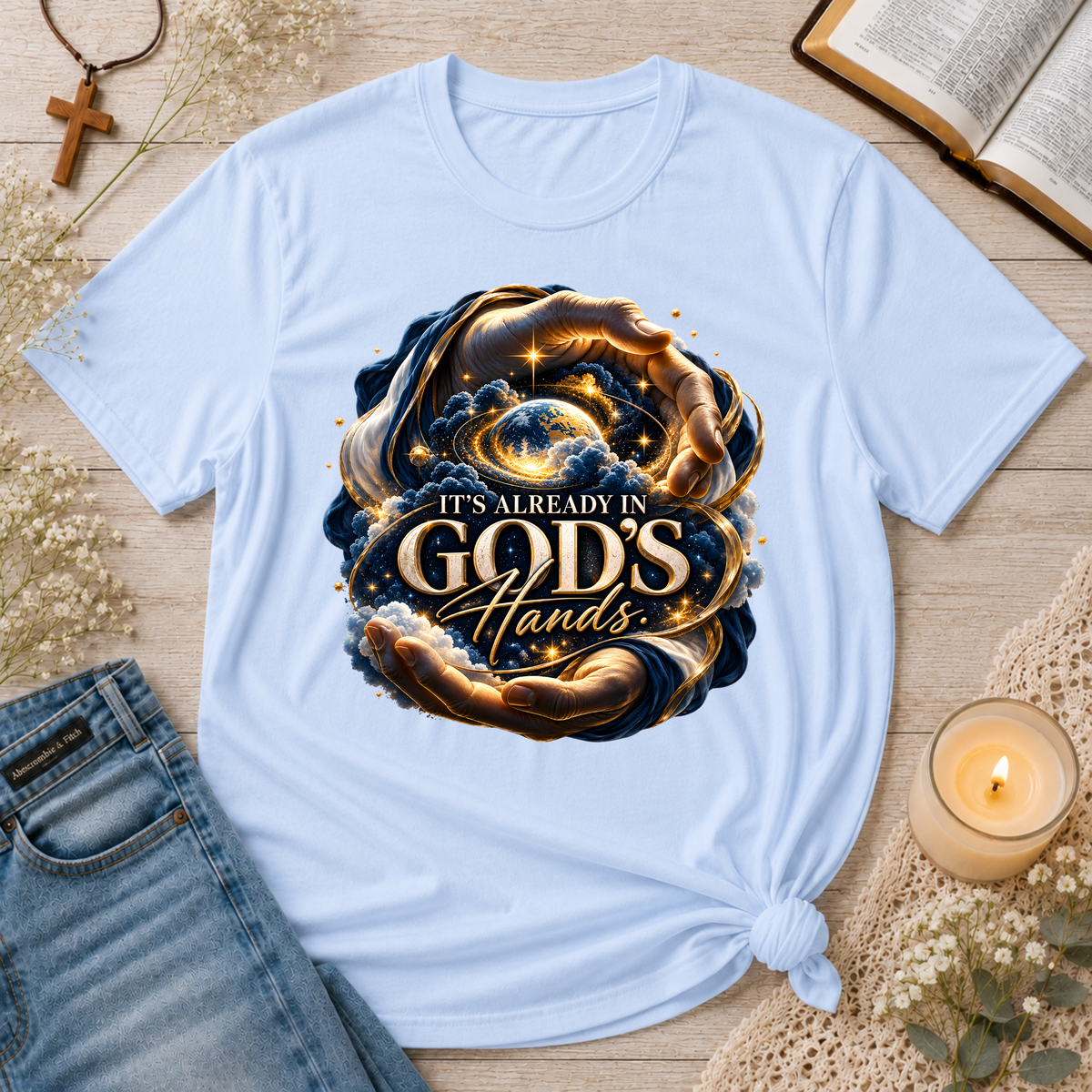 It’s Already in God’s Hands Celestial Christian T-Shirt | Mental Health Scripture Tee Breaking Bread Designs