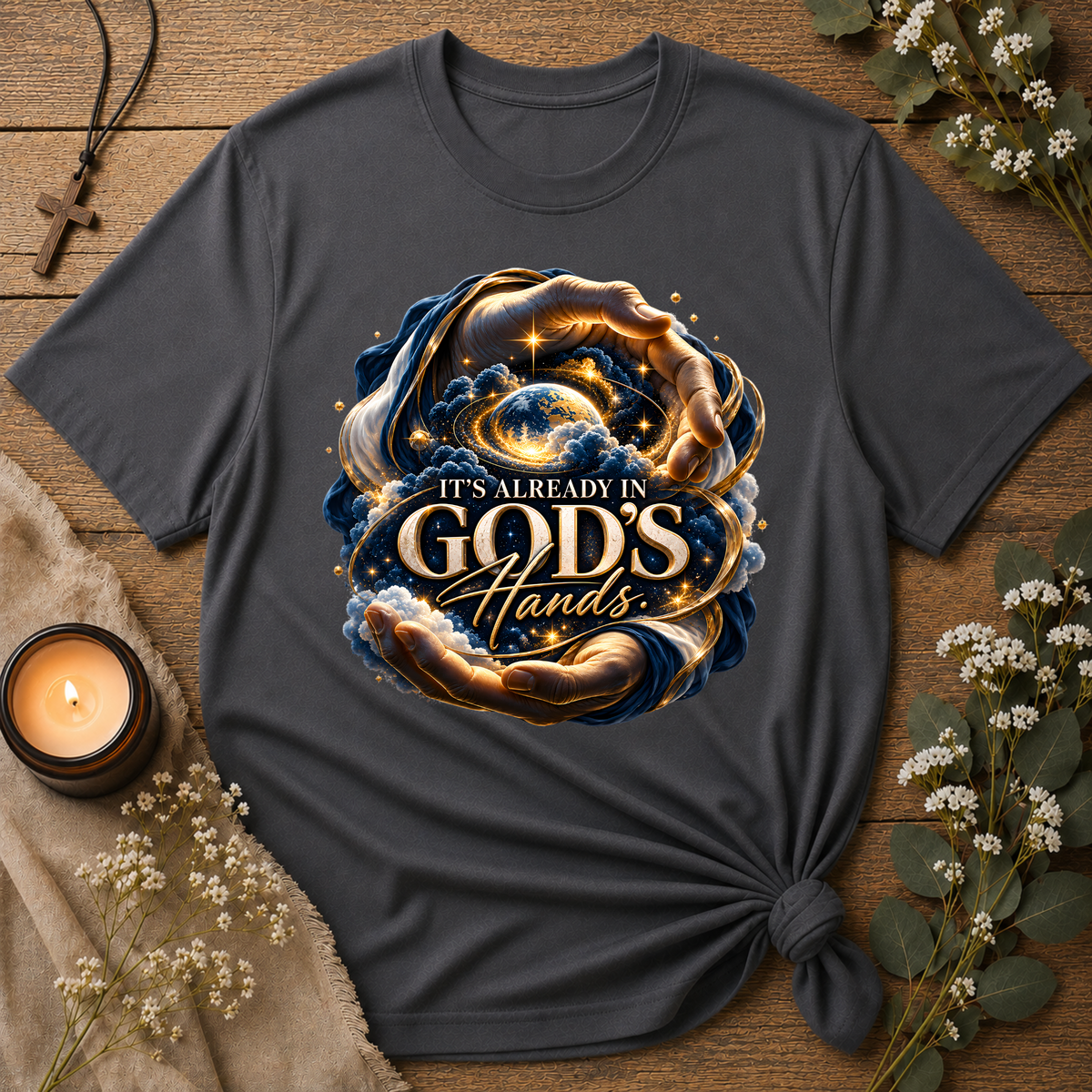 It’s Already in God’s Hands Celestial Christian T-Shirt | Mental Health Scripture Tee Breaking Bread Designs
